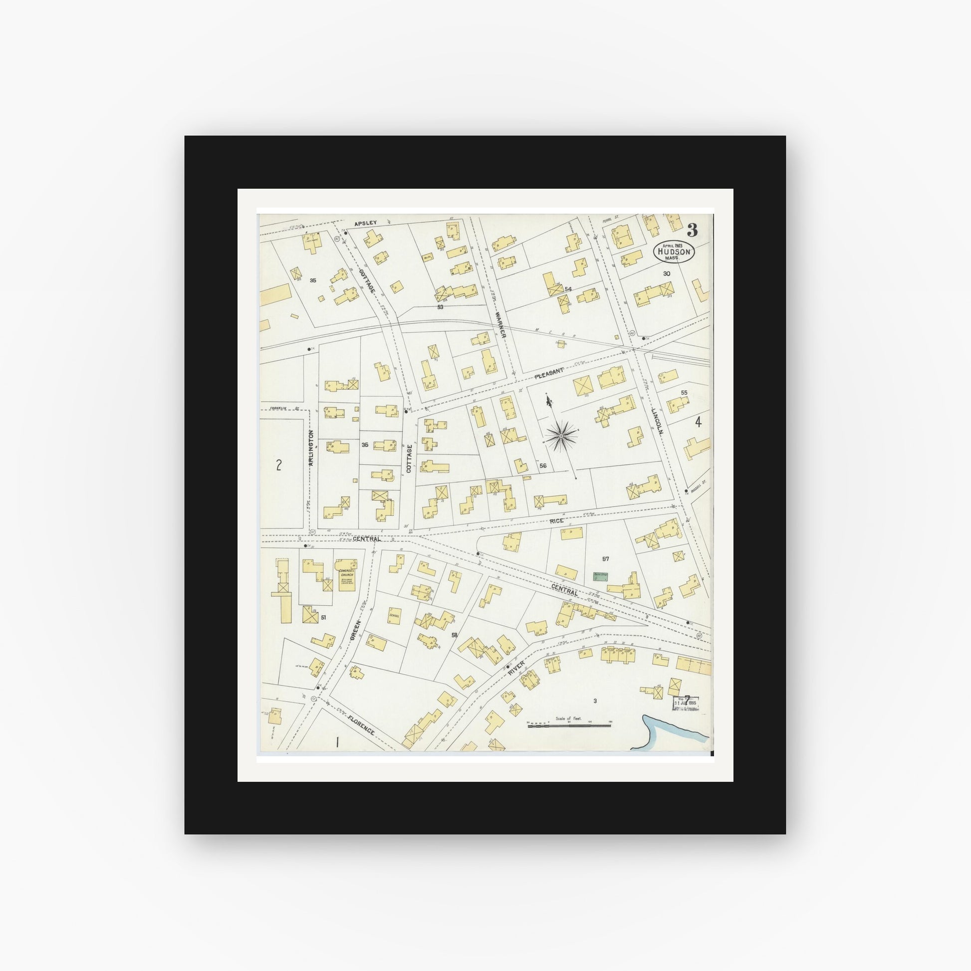 Old map wall art mockup — black gallery frame with white mat — Sanborn Fire Insurance Map from Hudson, Middlesex County, Massachusetts (1903), Sheet #0003