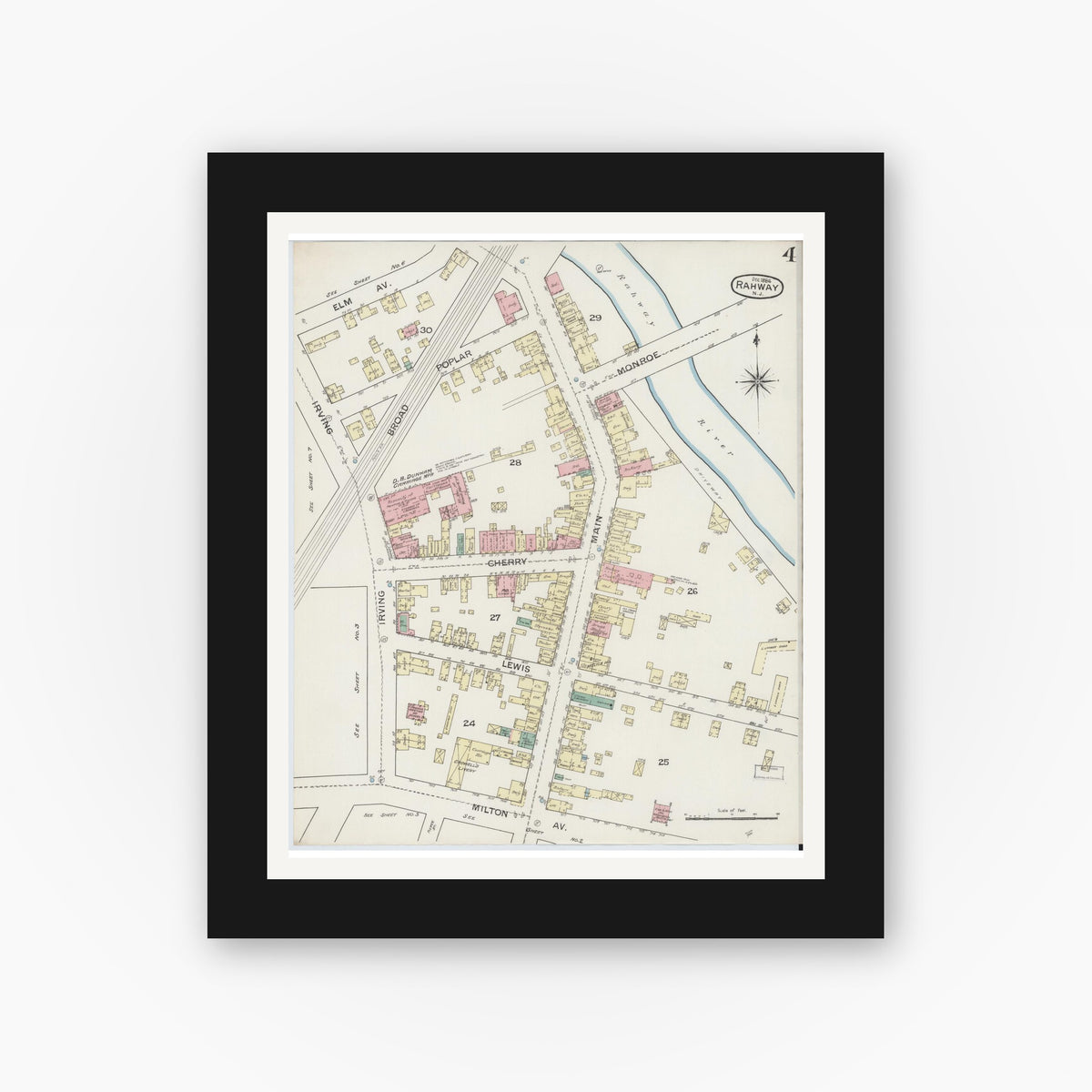 Old map wall art mockup — black gallery frame with white mat — Sanborn Fire Insurance Map from Rahway, Union County, New Jersey (1886), Sheet #0004