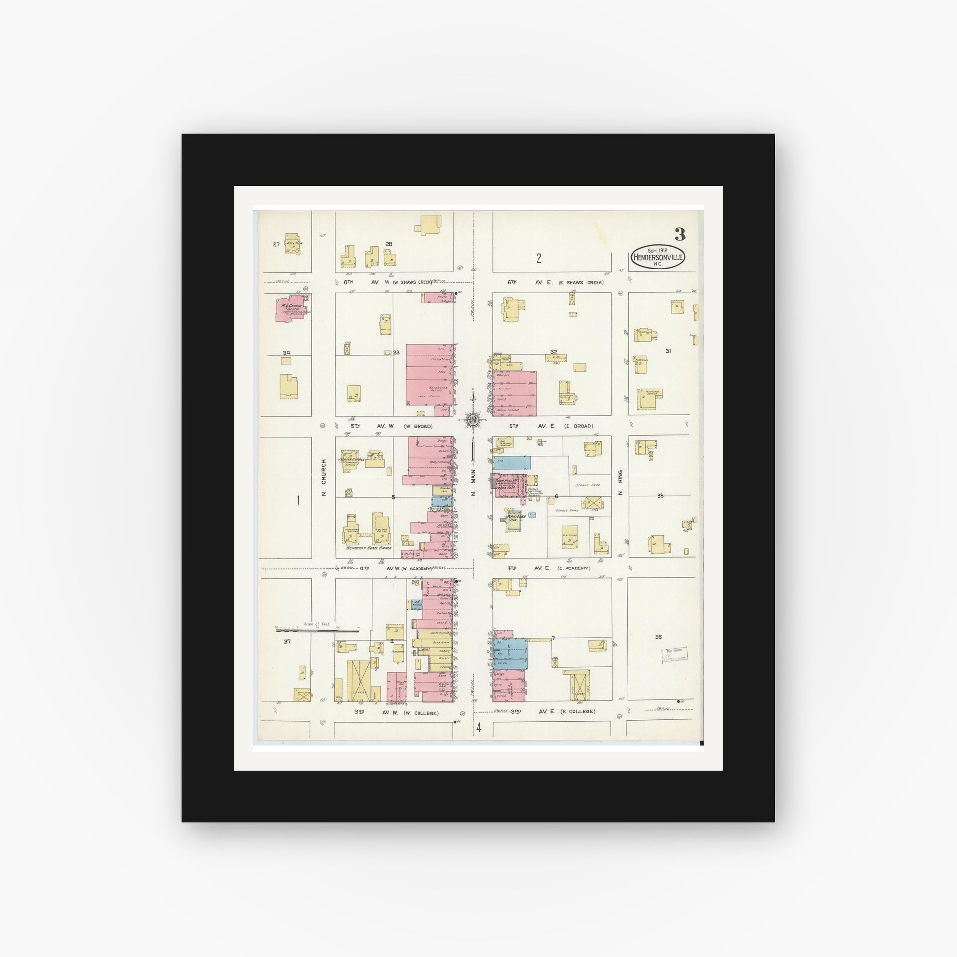 Old map wall art mockup — black gallery frame with white mat — Sanborn Fire Insurance Map from Hendersonville, Henderson County, North Carolina (1912), Sheet #0003