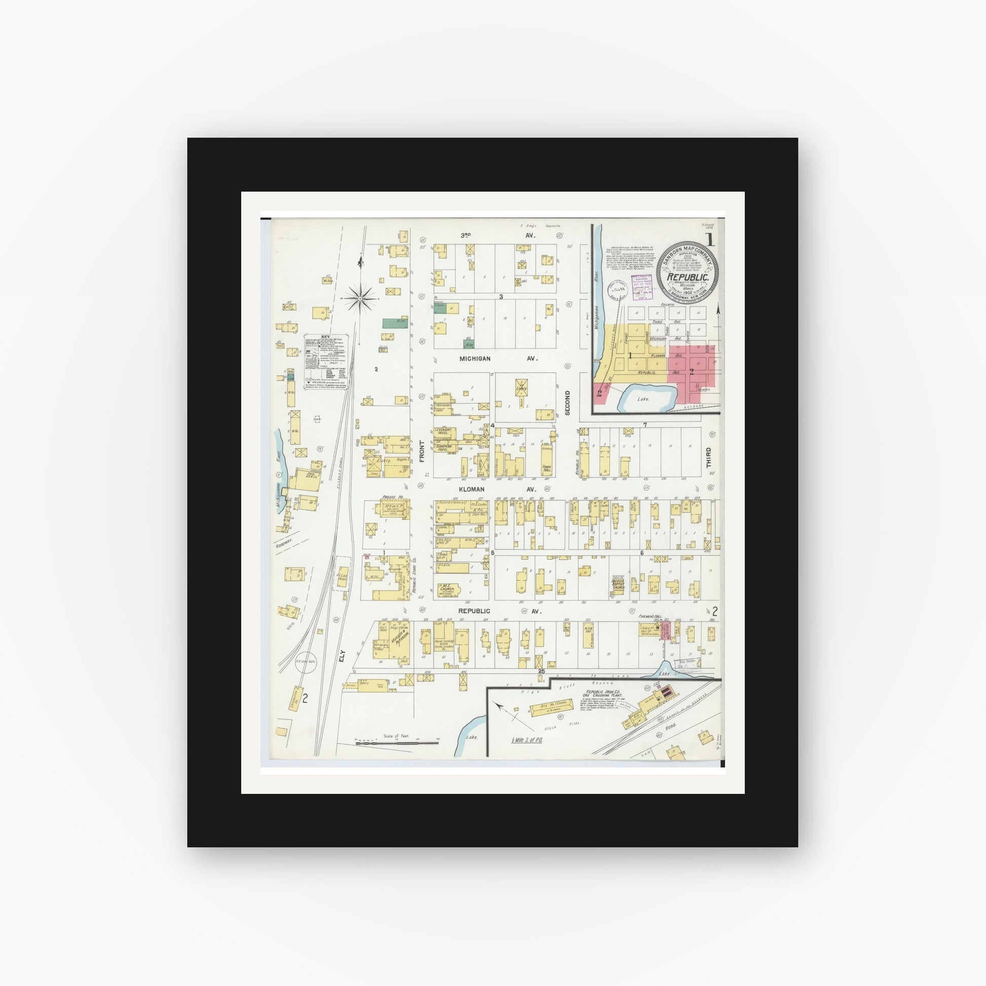 Old map wall art mockup — black gallery frame with white mat — Sanborn Fire Insurance Map from Republic, Marquette County, Michigan (1902) - Complete Map Set