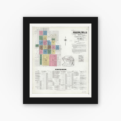 Old map wall art mockup — black gallery frame with white mat — Sanborn Fire Insurance Map from Mineral Wells, Palo Pinto County, Texas (1921), Sheet #0001