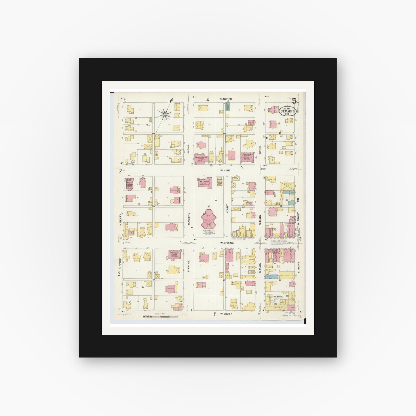 Old map wall art mockup — black gallery frame with white mat — Sanborn Fire Insurance Map from Saint Marys, Auglaize County, Ohio (1907), Sheet #0005