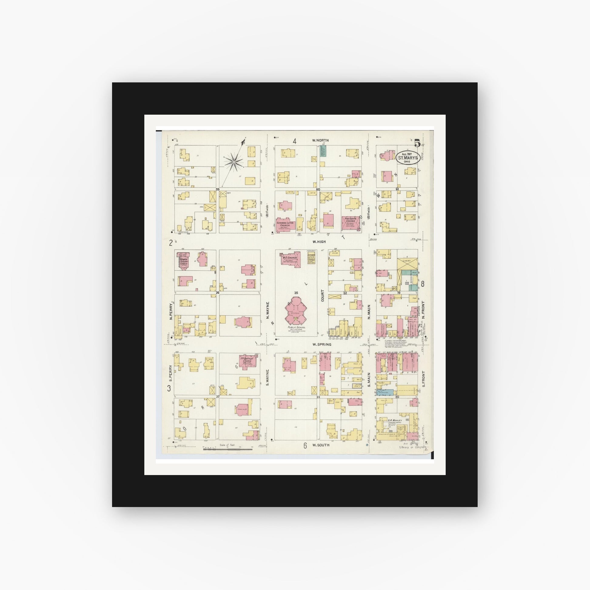 Old map wall art mockup — black gallery frame with white mat — Sanborn Fire Insurance Map from Saint Marys, Auglaize County, Ohio (1907), Sheet #0005