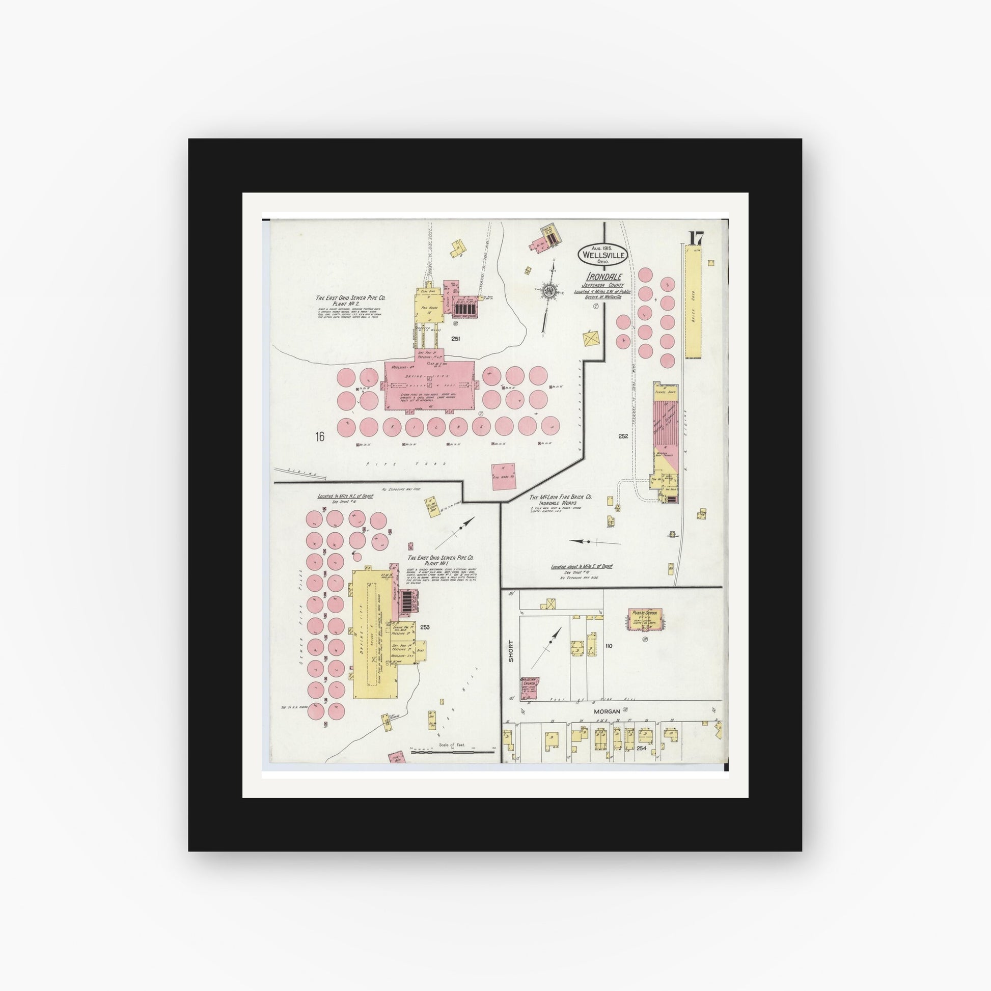 Old map wall art mockup — black gallery frame with white mat — Sanborn Fire Insurance Map from Wellsville, Columbiana County, Ohio (1915), Sheet #0017