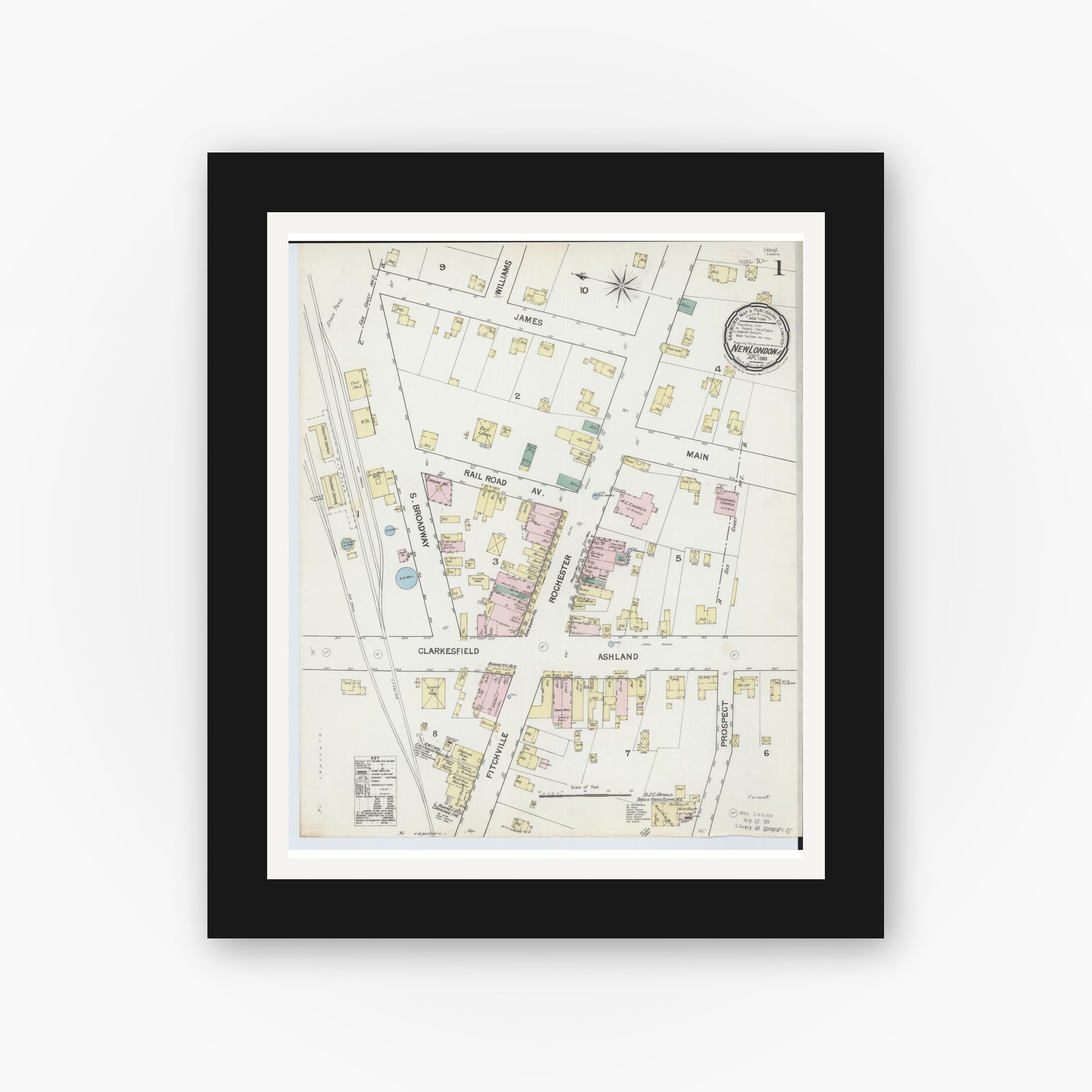 Old map wall art mockup — black gallery frame with white mat — Sanborn Fire Insurance Map from New London, Huron County, Ohio (1889), Sheet #0001