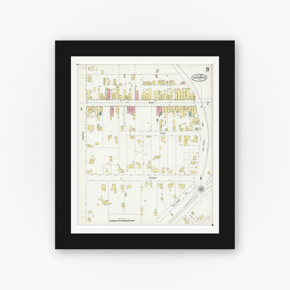 Old map wall art mockup — black gallery frame with white mat — Sanborn Fire Insurance Map from Braidwood, Will County, Illinois (1898), Sheet #0003