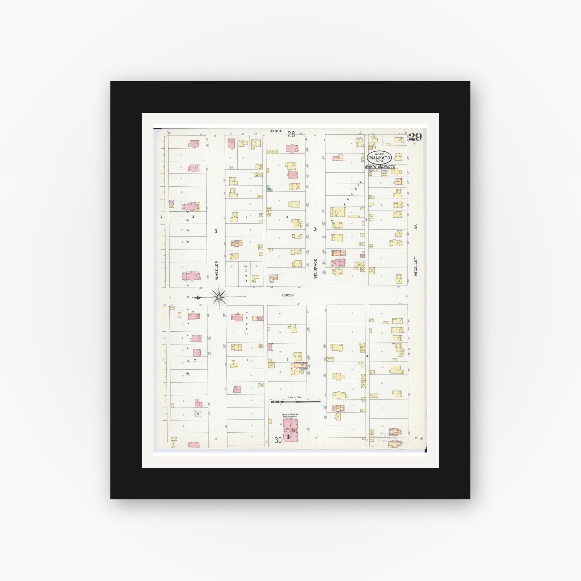 Old map wall art mockup — black gallery frame with white mat — Sanborn Fire Insurance Map from Mankato, Blue Earth County, Minnesota (1908), Sheet #0029