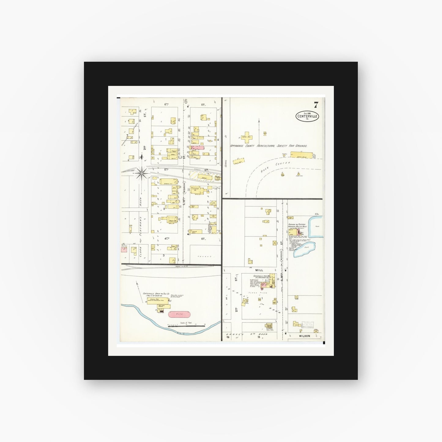 Old map wall art mockup — black gallery frame with white mat — Sanborn Fire Insurance Map from Centerville, Appanoose County, Iowa (1898), Sheet #0007