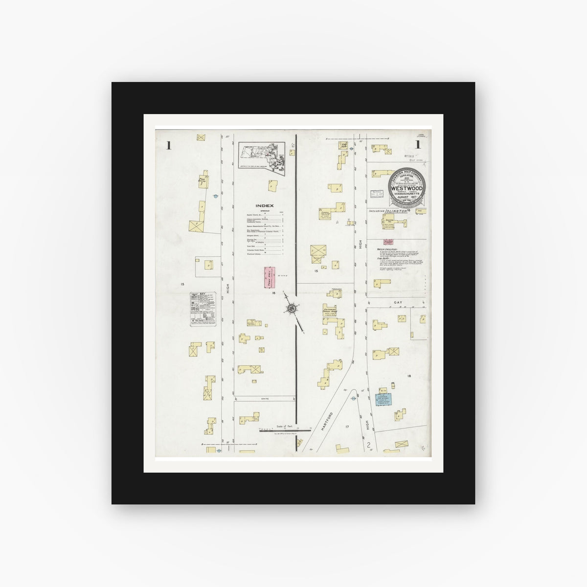 Old map wall art mockup — black gallery frame with white mat — Sanborn Fire Insurance Map from Westwood, Norfolk County, Massachusetts (1927), Sheet #0001