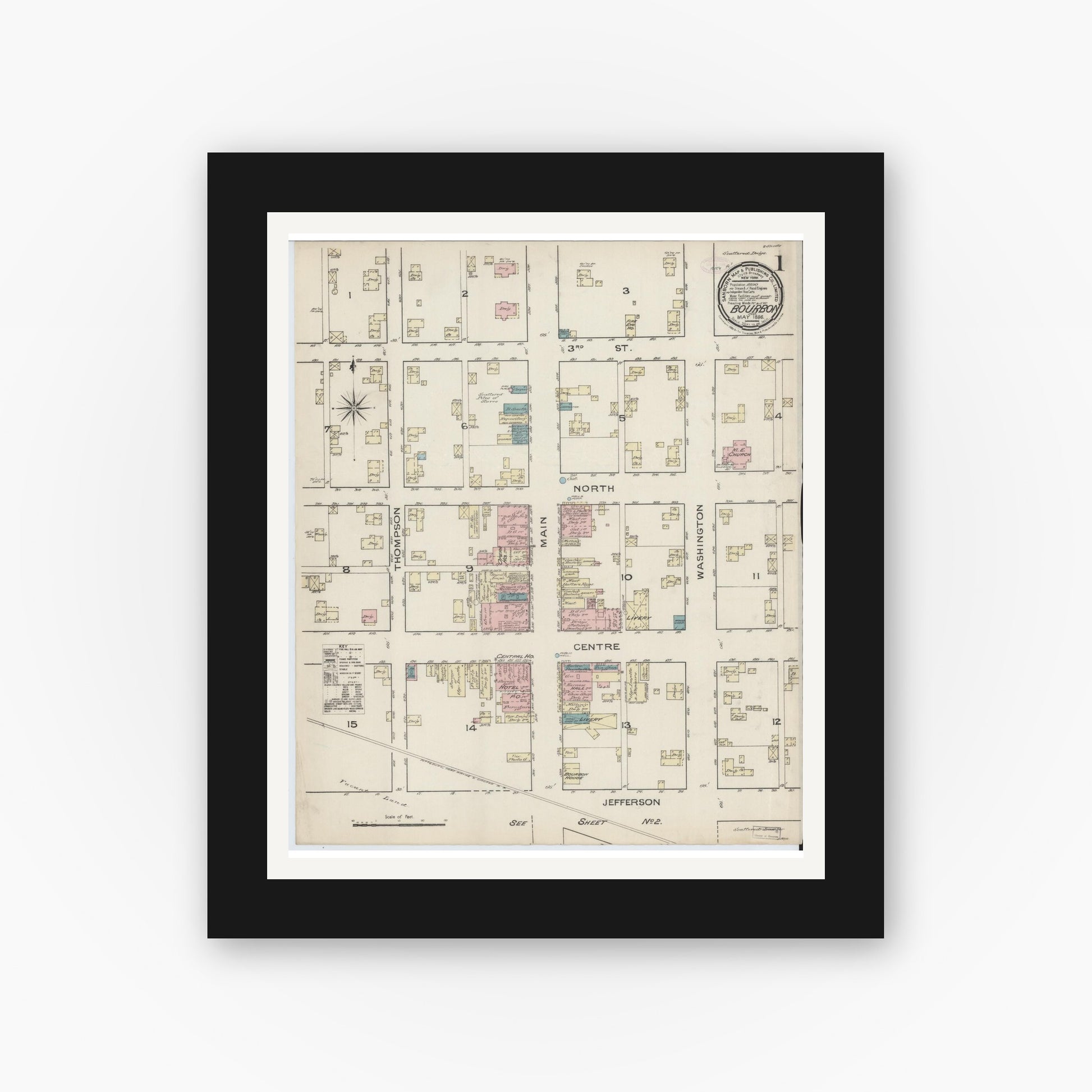 Old map wall art mockup — black gallery frame with white mat — Sanborn Fire Insurance Map from Bourbon, Marshall County, Indiana (1886) - Complete Map Set