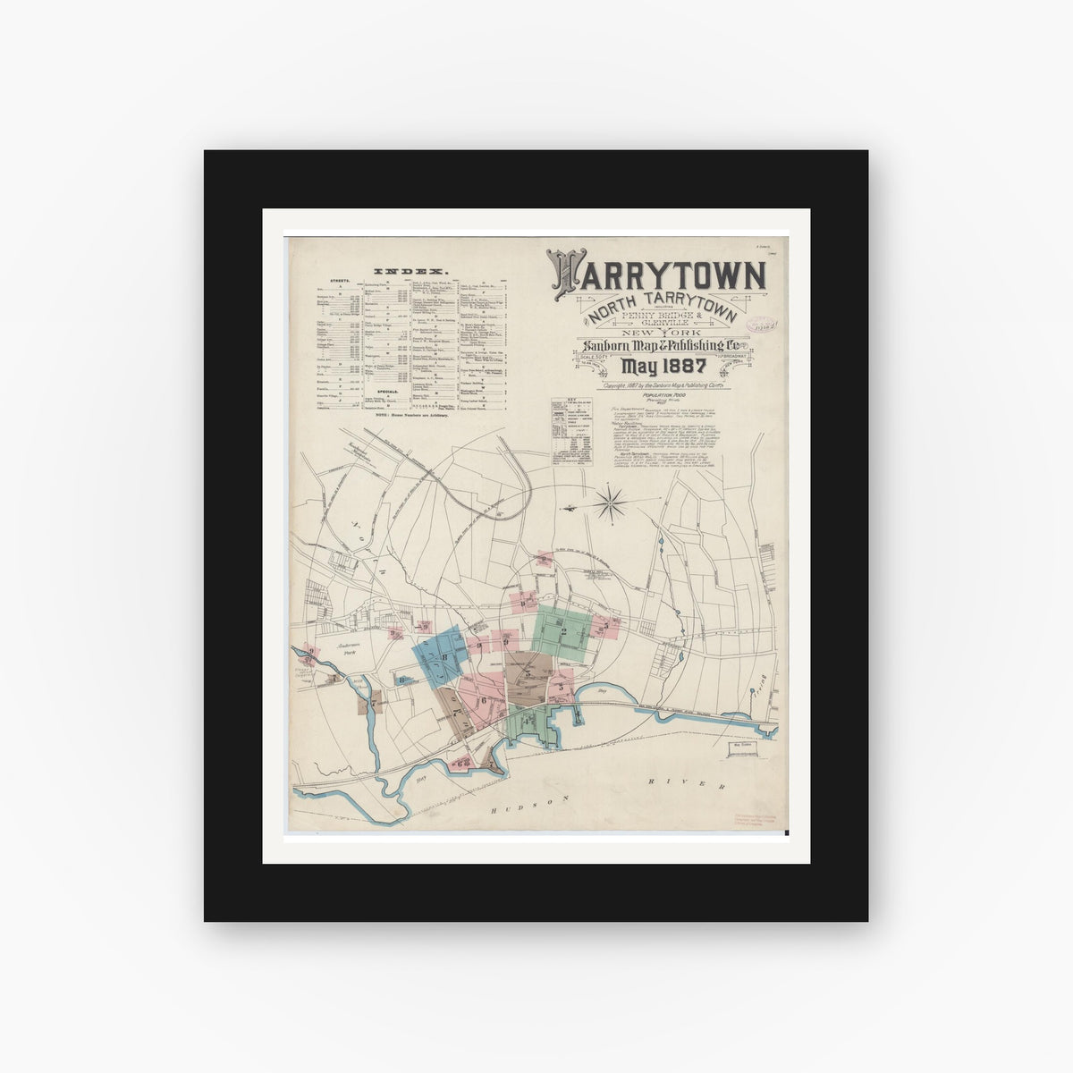 Old map wall art mockup — black gallery frame with white mat — Sanborn Fire Insurance Map from Tarrytown, Westchester County, New York (1887), Sheet #0001