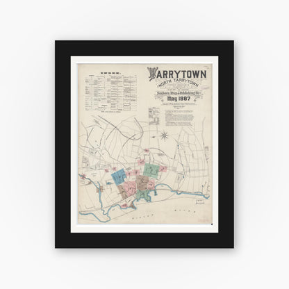 Old map wall art mockup — black gallery frame with white mat — Sanborn Fire Insurance Map from Tarrytown, Westchester County, New York (1887), Sheet #0001