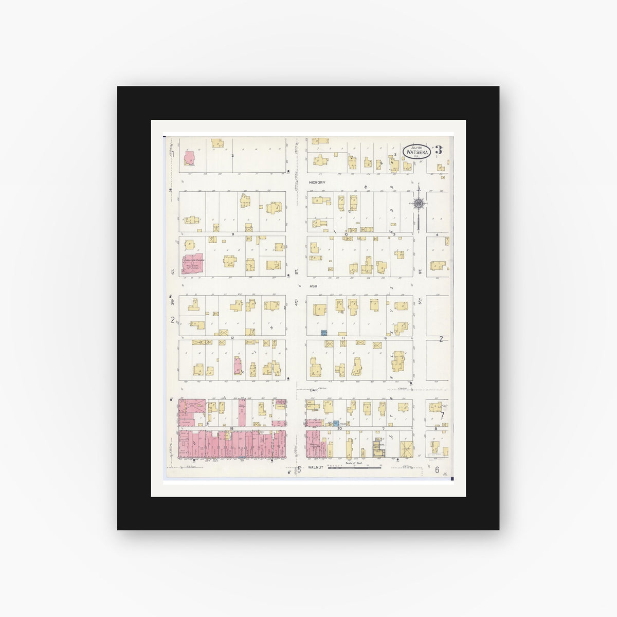 Old map wall art mockup — black gallery frame with white mat — Sanborn Fire Insurance Map from Watseka, Iroquois County, Illinois (1911), Sheet #0003