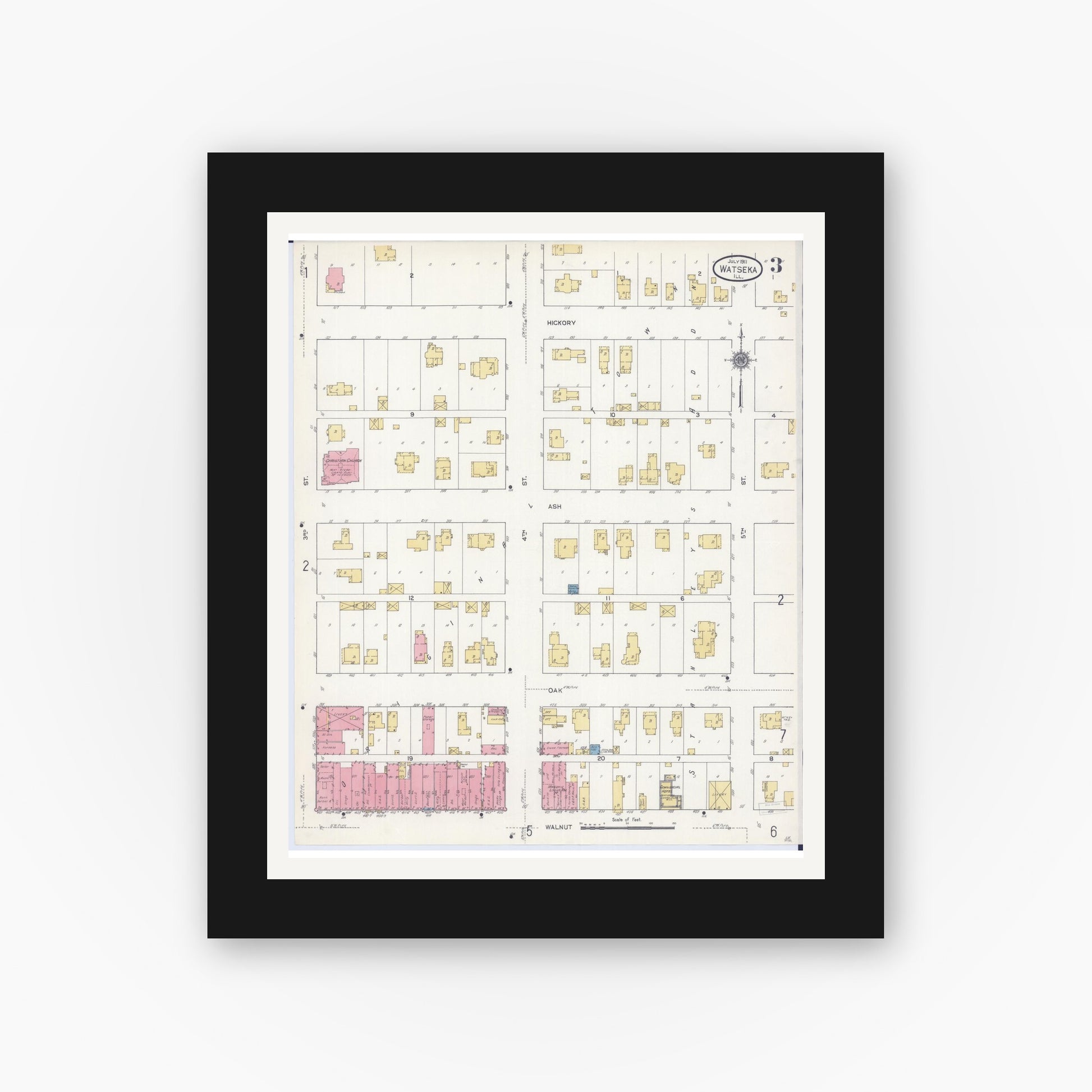 Old map wall art mockup — black gallery frame with white mat — Sanborn Fire Insurance Map from Watseka, Iroquois County, Illinois (1911), Sheet #0003