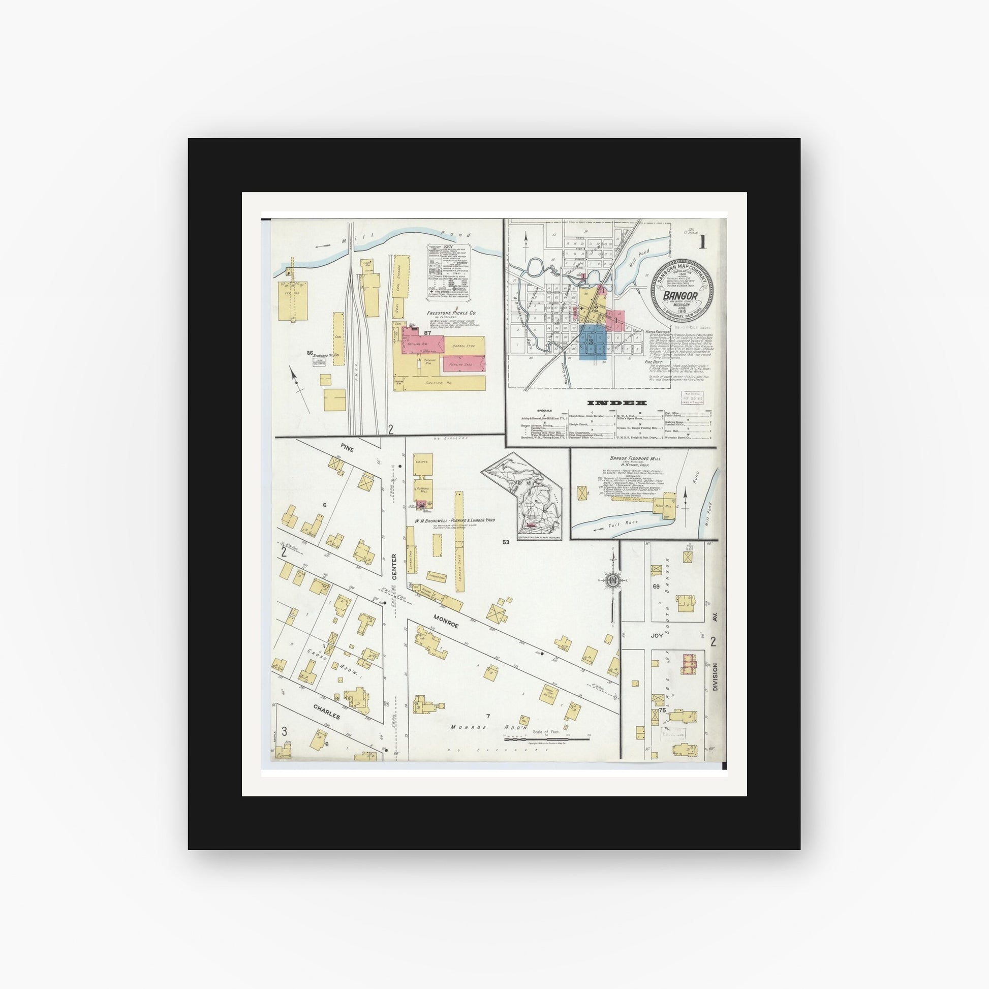 Old map wall art mockup — black gallery frame with white mat — Sanborn Fire Insurance Map from Bangor, Van Buren County, Michigan (1918) - Complete Map Set
