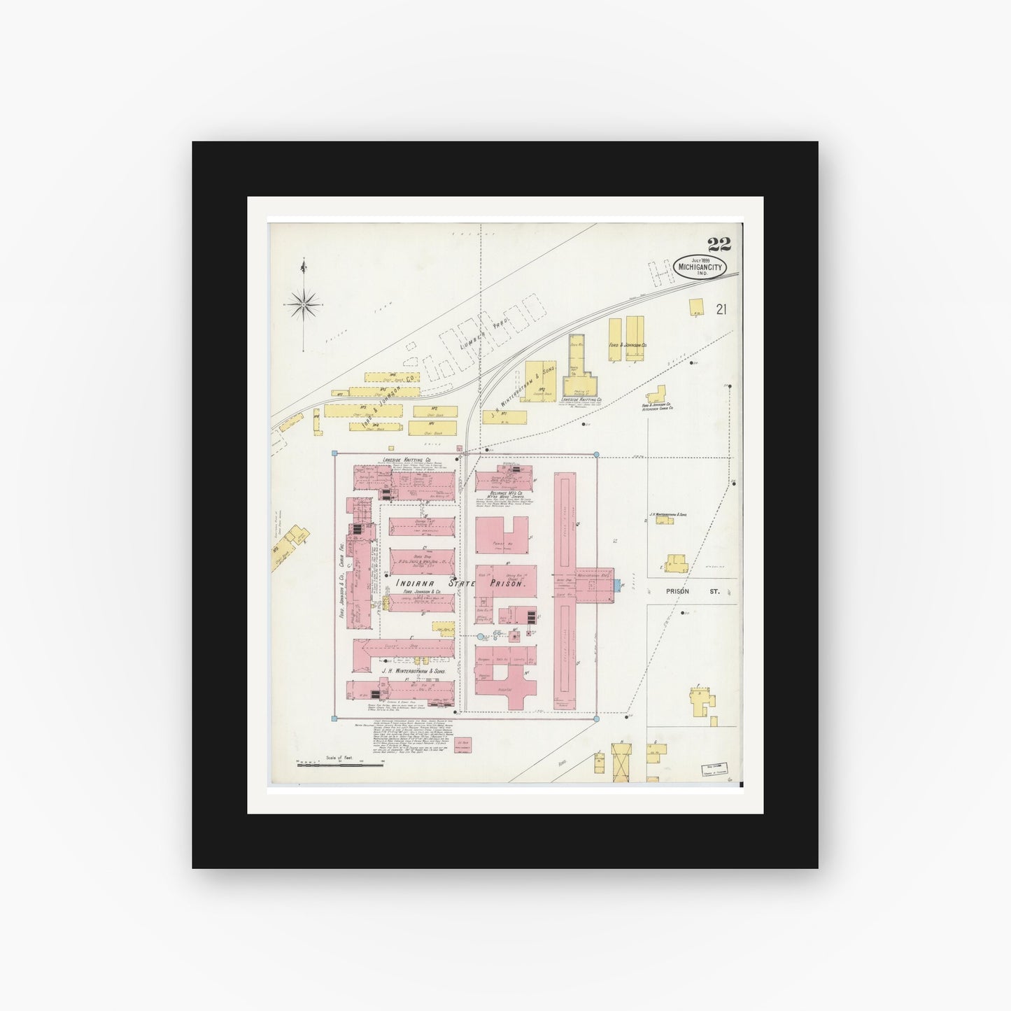 Old map wall art mockup — black gallery frame with white mat — Sanborn Fire Insurance Map from Michigan City, La Porte County, Indiana (1899), Sheet #0022