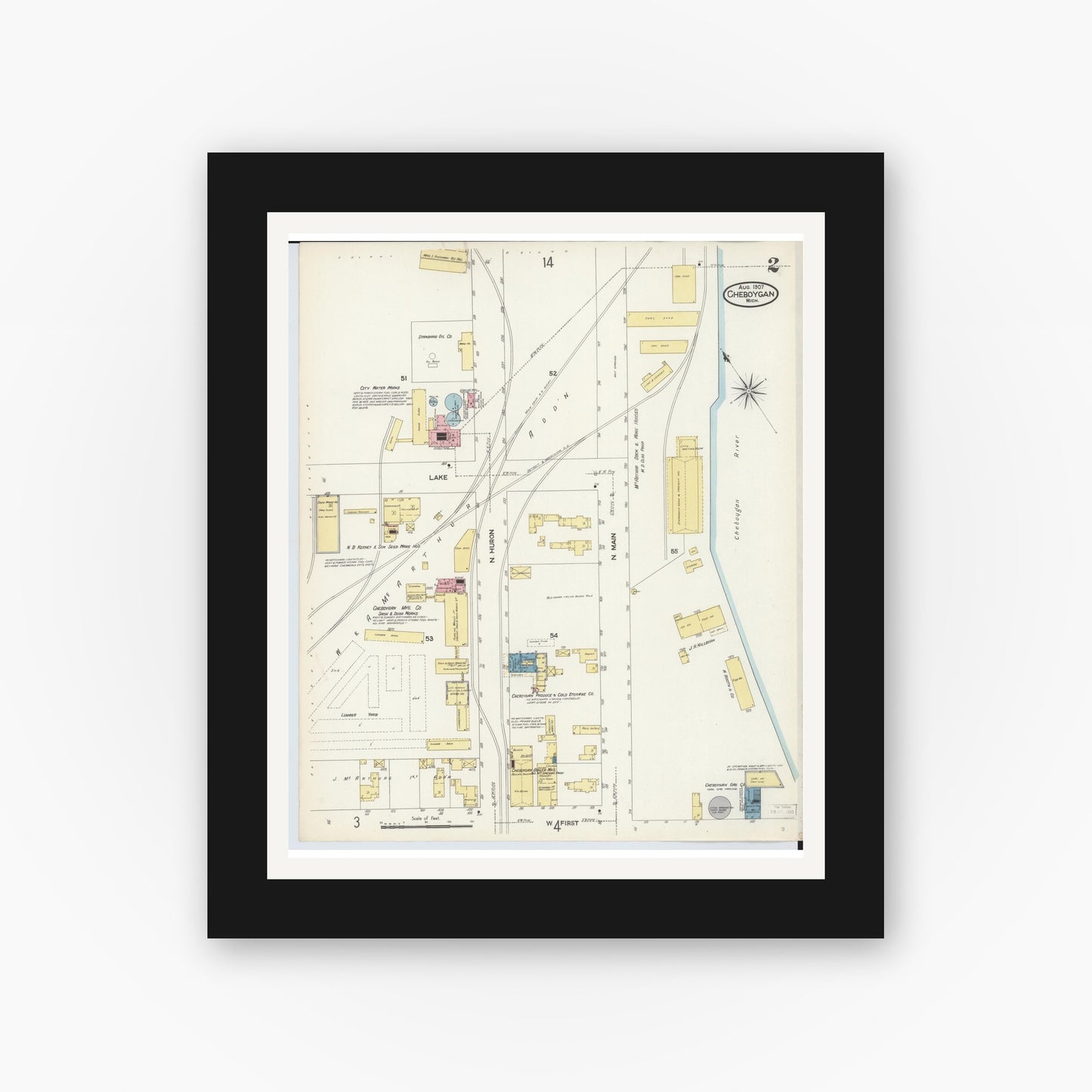 Old map wall art mockup — black gallery frame with white mat — Sanborn Fire Insurance Map from Cheboygan, Cheboygan County, Michigan (1907), Sheet #0002