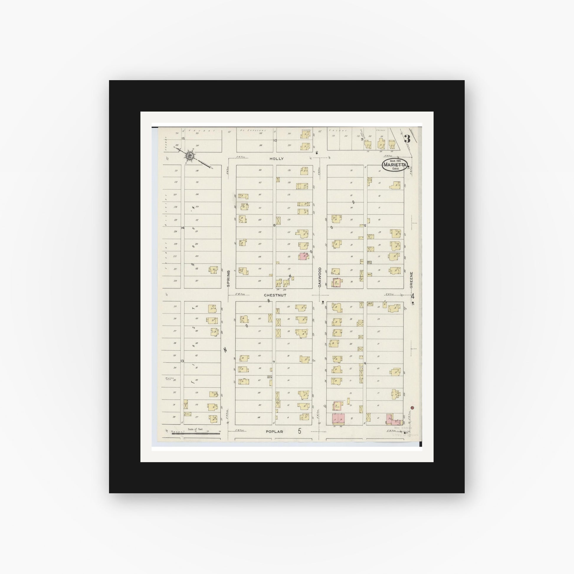 Old map wall art mockup — black gallery frame with white mat — Sanborn Fire Insurance Map from Marietta, Washington County, Ohio (1915), Sheet #0003