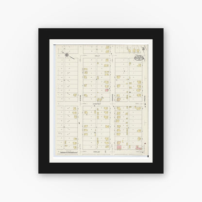 Old map wall art mockup — black gallery frame with white mat — Sanborn Fire Insurance Map from Marietta, Washington County, Ohio (1915), Sheet #0003