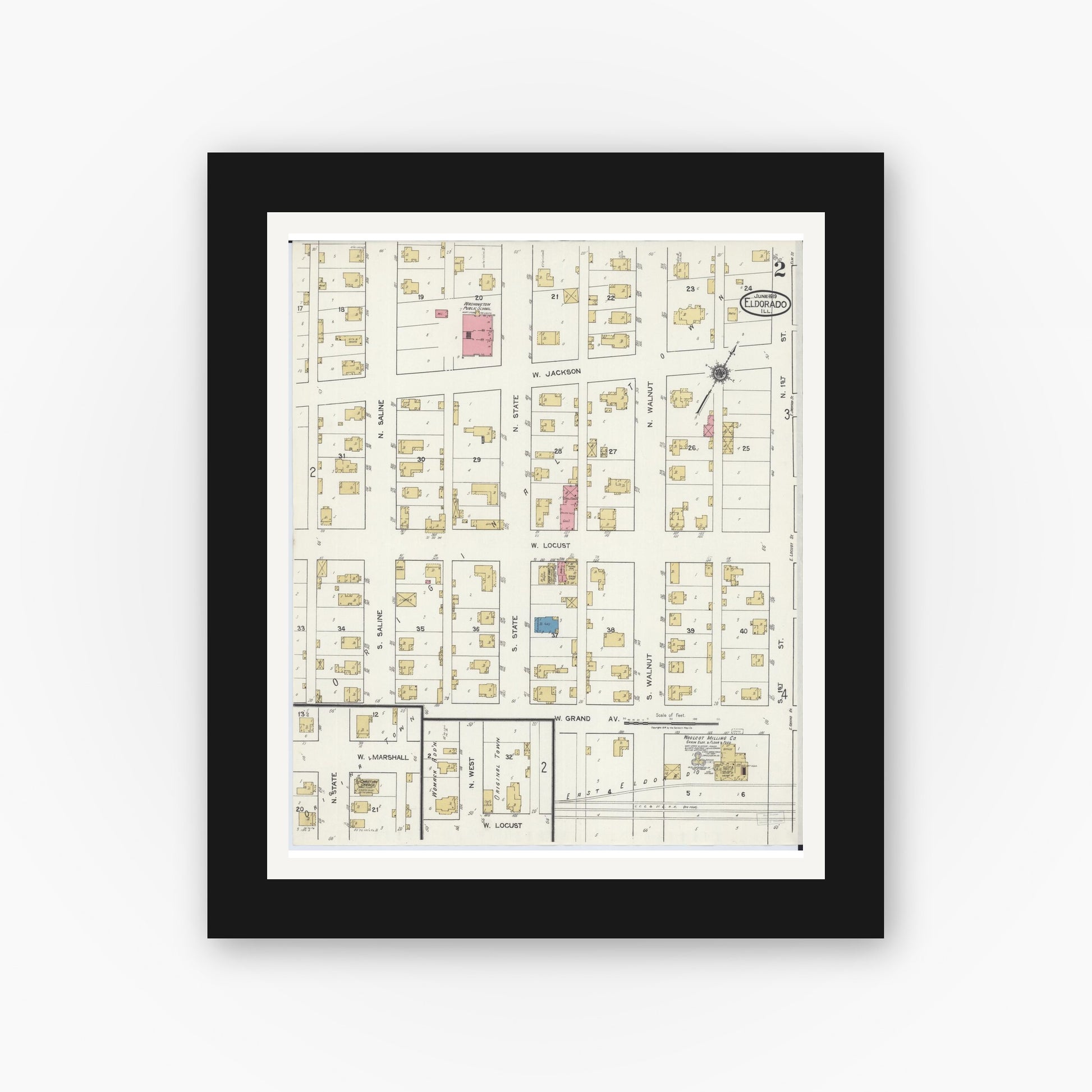 Old map wall art mockup — black gallery frame with white mat — Sanborn Fire Insurance Map from Eldorado, Saline County, Illinois (1919), Sheet #0002