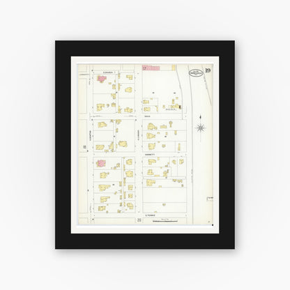 Old map wall art mockup — black gallery frame with white mat — Sanborn Fire Insurance Map from Gainesville, Cooke County, Texas (1908), Sheet #0019