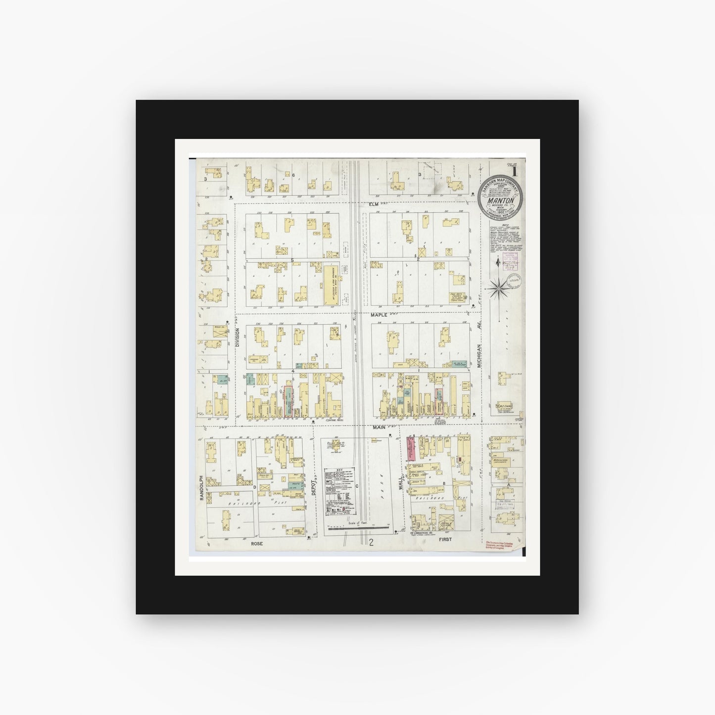 Old map wall art mockup — black gallery frame with white mat — Sanborn Fire Insurance Map from Manton, Wexford County, Michigan (1902) - Complete Map Set