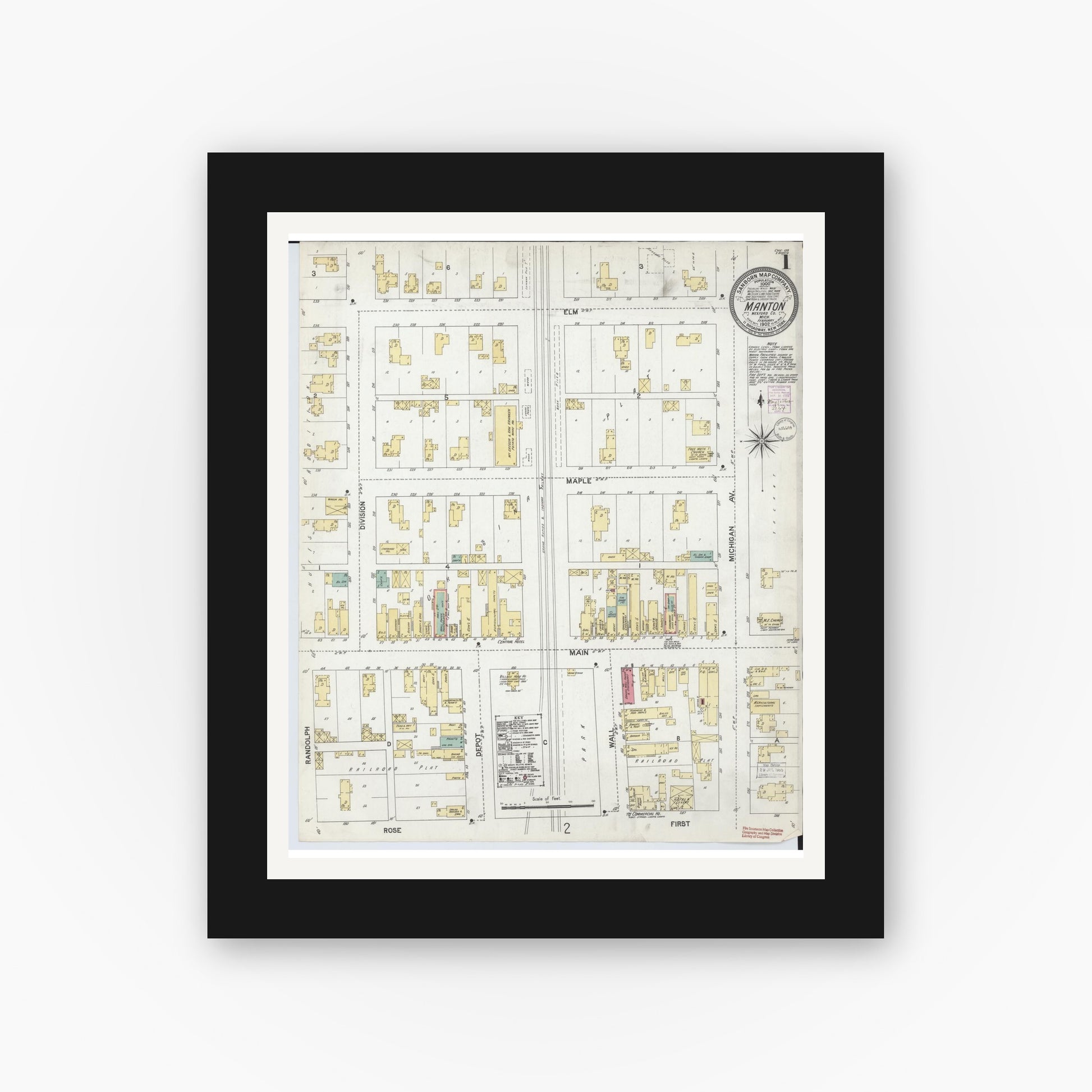 Old map wall art mockup — black gallery frame with white mat — Sanborn Fire Insurance Map from Manton, Wexford County, Michigan (1902) - Complete Map Set