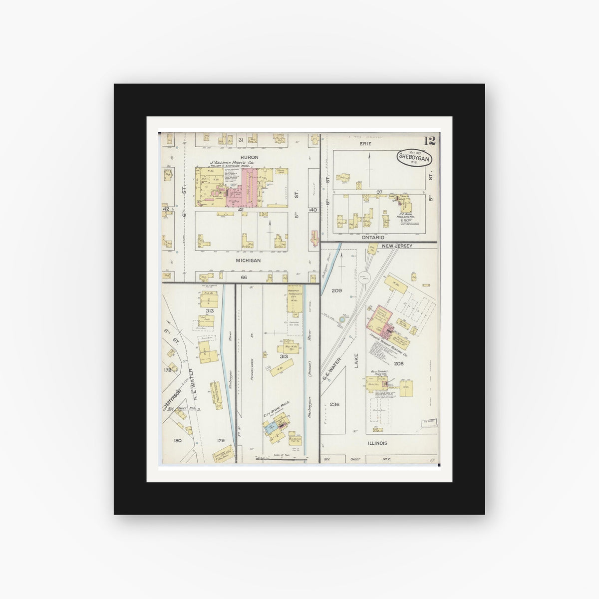 Old map wall art mockup — black gallery frame with white mat — Sanborn Fire Insurance Map from Sheboygan, Sheboygan County, Wisconsin (1887), Sheet #0012