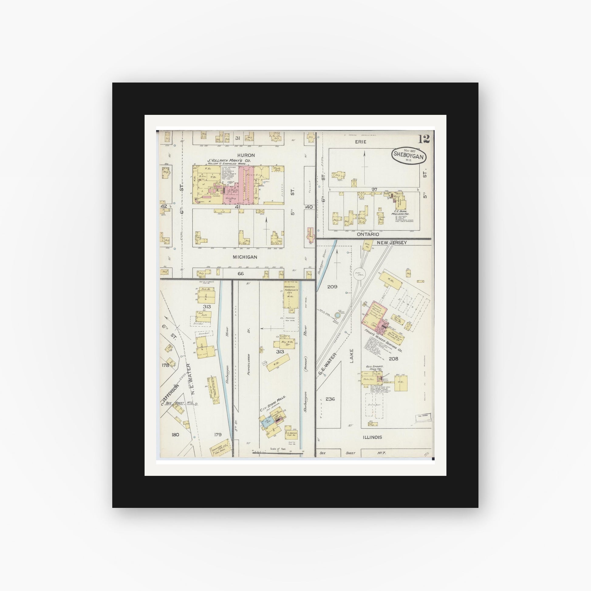 Old map wall art mockup — black gallery frame with white mat — Sanborn Fire Insurance Map from Sheboygan, Sheboygan County, Wisconsin (1887), Sheet #0012