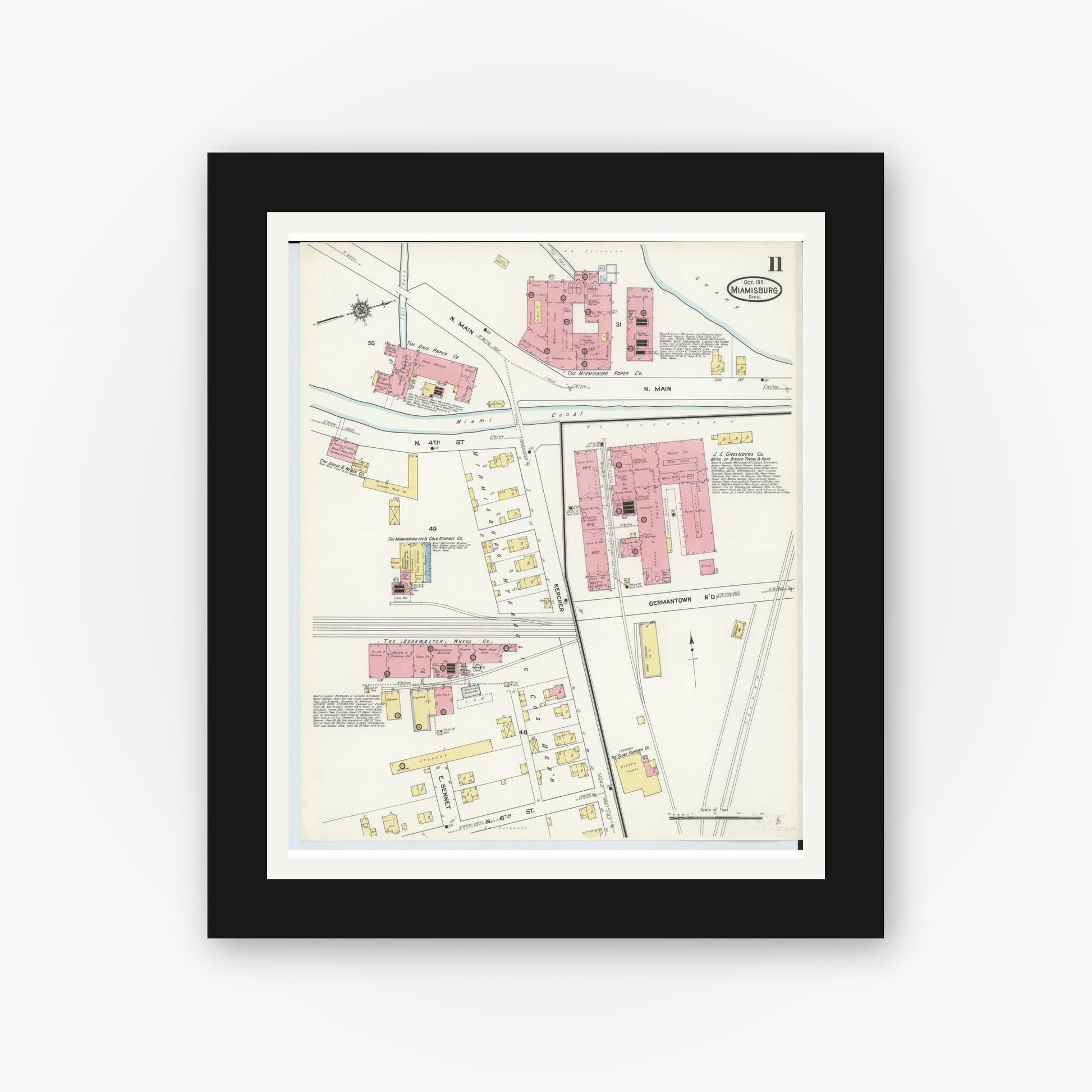 Old map wall art mockup — black gallery frame with white mat — Sanborn Fire Insurance Map from Miamisburg, Montgomery County, Ohio (1911), Sheet #0011
