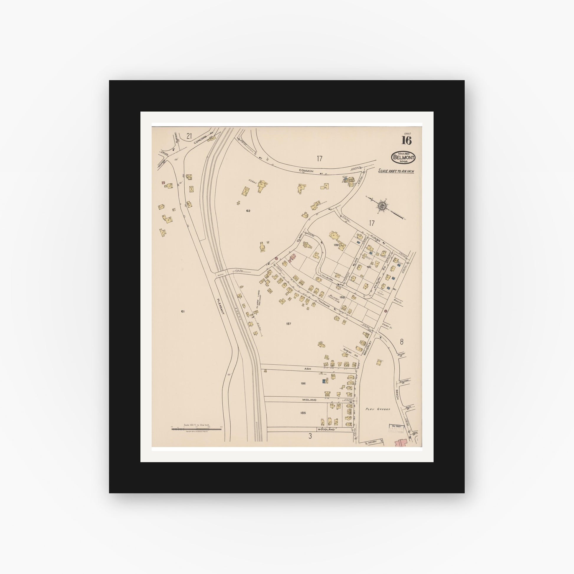 Old map wall art mockup — black gallery frame with white mat — Sanborn Fire Insurance Map from Belmont, Middlesex County, Massachusetts (1922), Sheet #0016