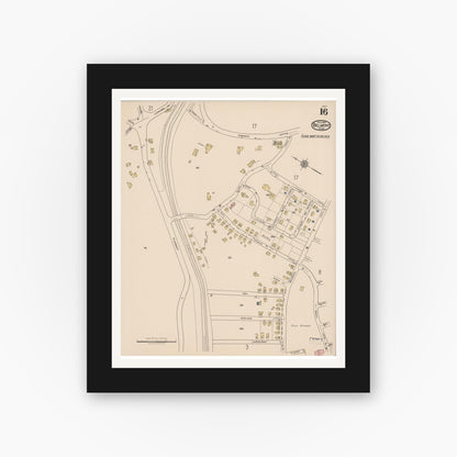 Old map wall art mockup — black gallery frame with white mat — Sanborn Fire Insurance Map from Belmont, Middlesex County, Massachusetts (1922), Sheet #0016