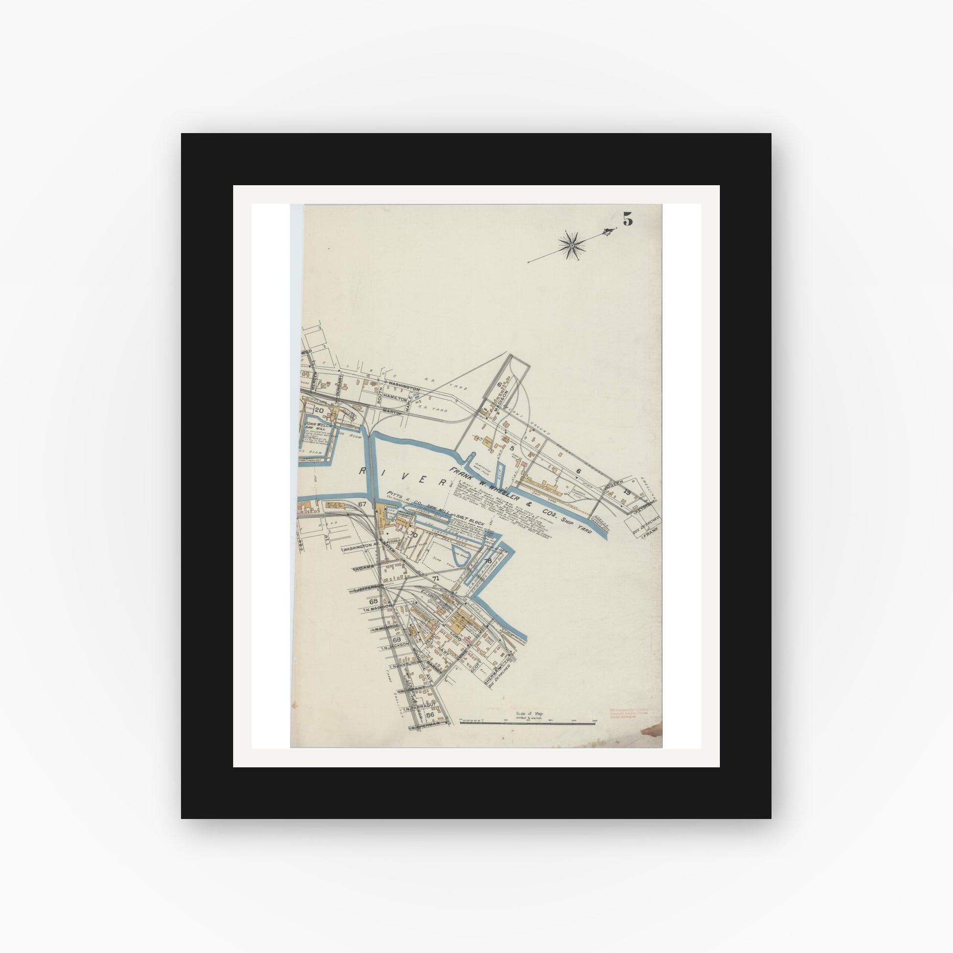 Old map wall art mockup — black gallery frame with white mat — Sanborn Fire Insurance Map from Bay City, Bay County, Michigan (1895), Sheet #0005