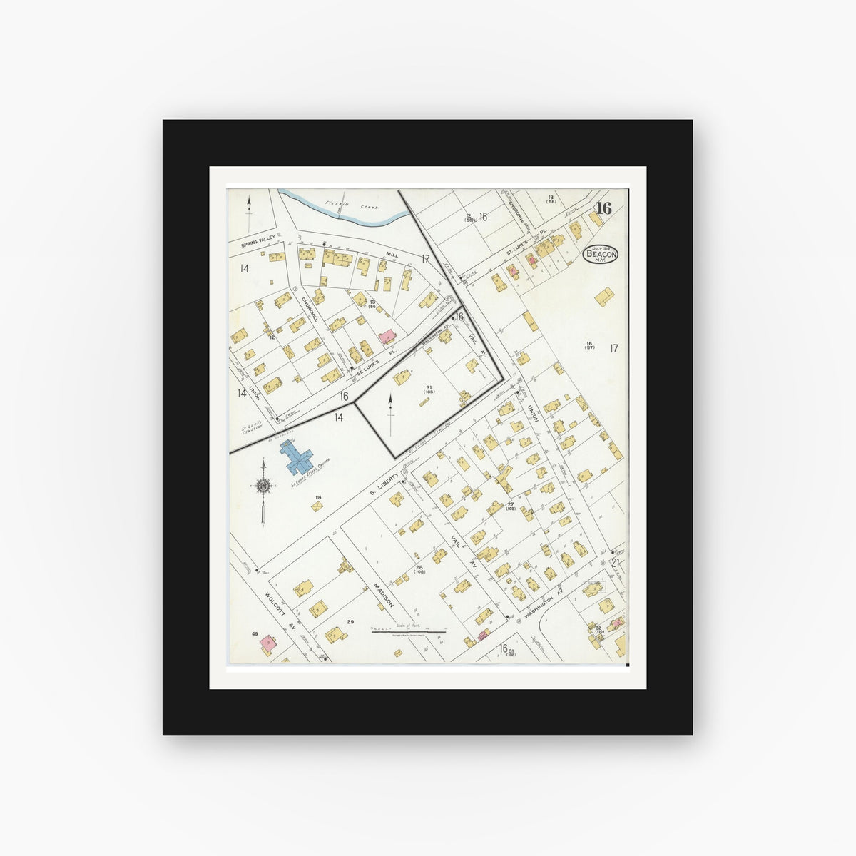Old map wall art mockup — black gallery frame with white mat — Sanborn Fire Insurance Map from Beacon, Dutchess County, New York (1919), Sheet #0016