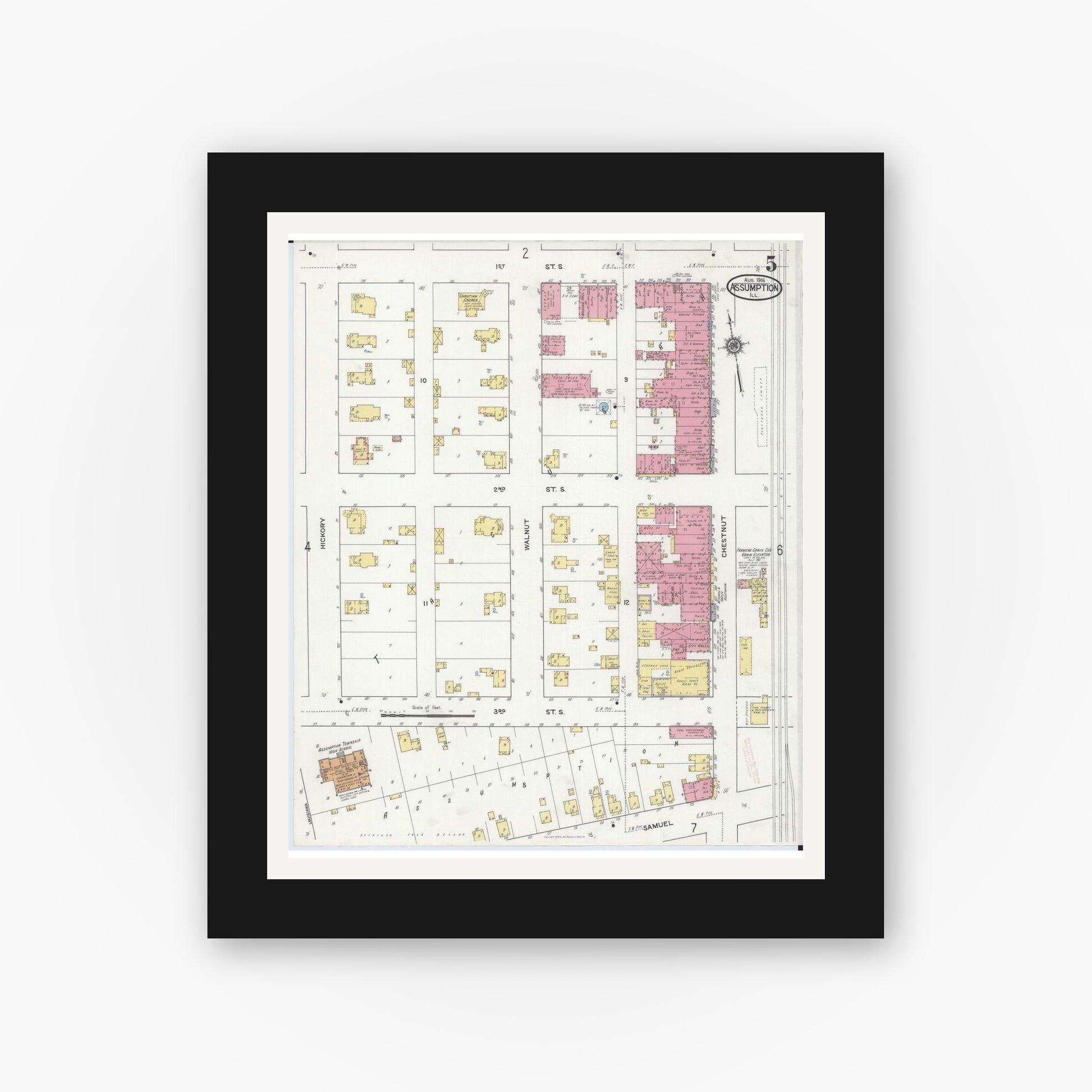 Old map wall art mockup — black gallery frame with white mat — Sanborn Fire Insurance Map from Assumption, Christian County, Illinois (1916), Sheet #0005