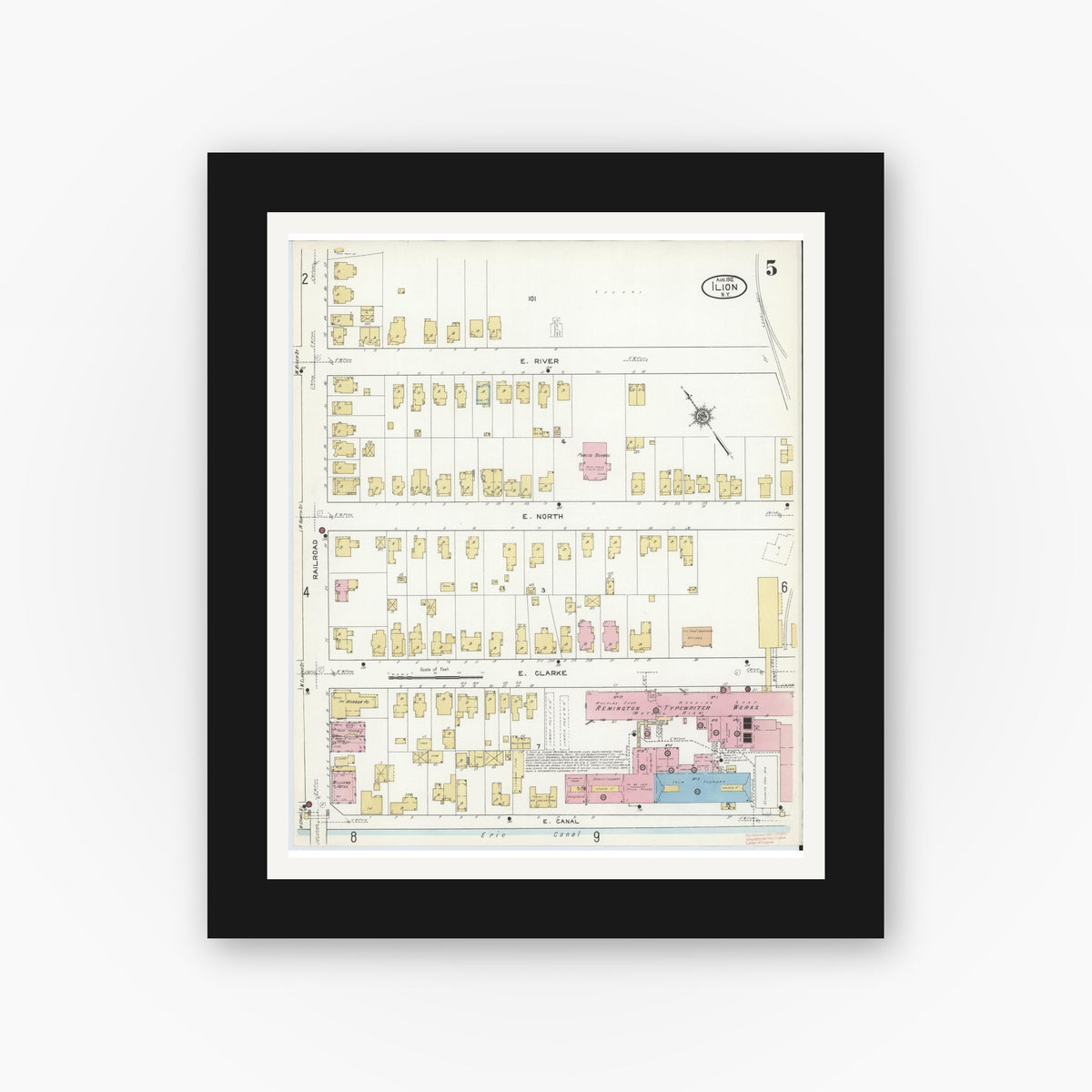 Old map wall art mockup — black gallery frame with white mat — Sanborn Fire Insurance Map from Ilion, Herkimer County, New York (1912), Sheet #0005
