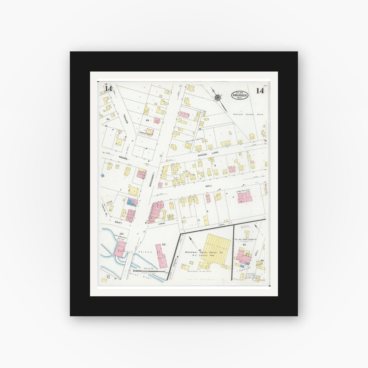 Old map wall art mockup — black gallery frame with white mat — Sanborn Fire Insurance Map from Ann Arbor, Washtenaw County, Michigan (1925), Sheet #0014