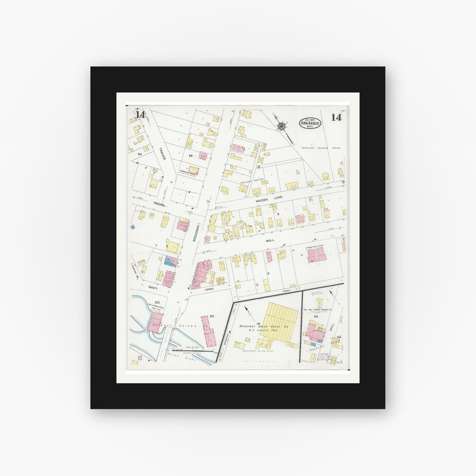 Old map wall art mockup — black gallery frame with white mat — Sanborn Fire Insurance Map from Ann Arbor, Washtenaw County, Michigan (1925), Sheet #0014
