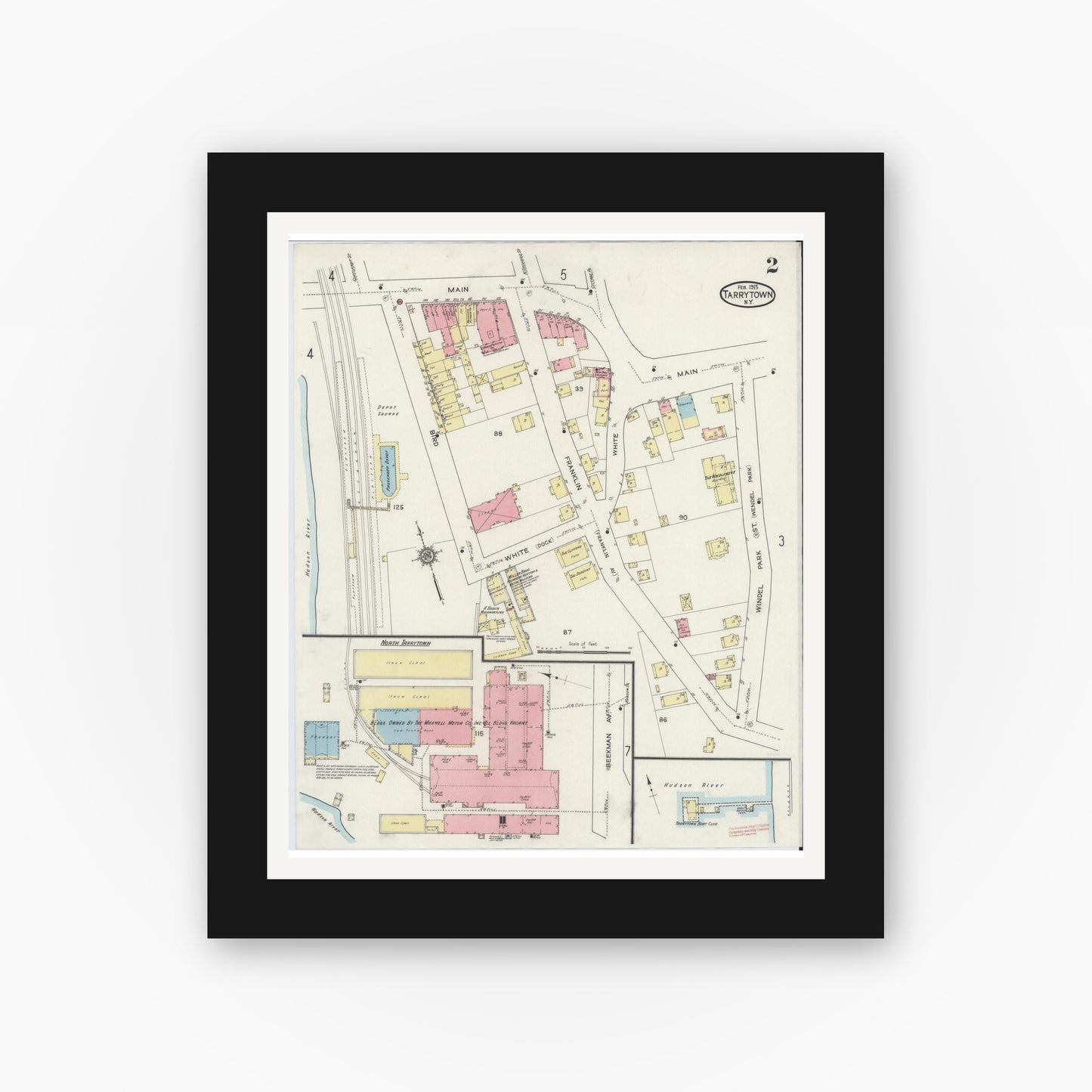 Old map wall art mockup — black gallery frame with white mat — Sanborn Fire Insurance Map from Tarrytown, Westchester County, New York (1915), Sheet #0002