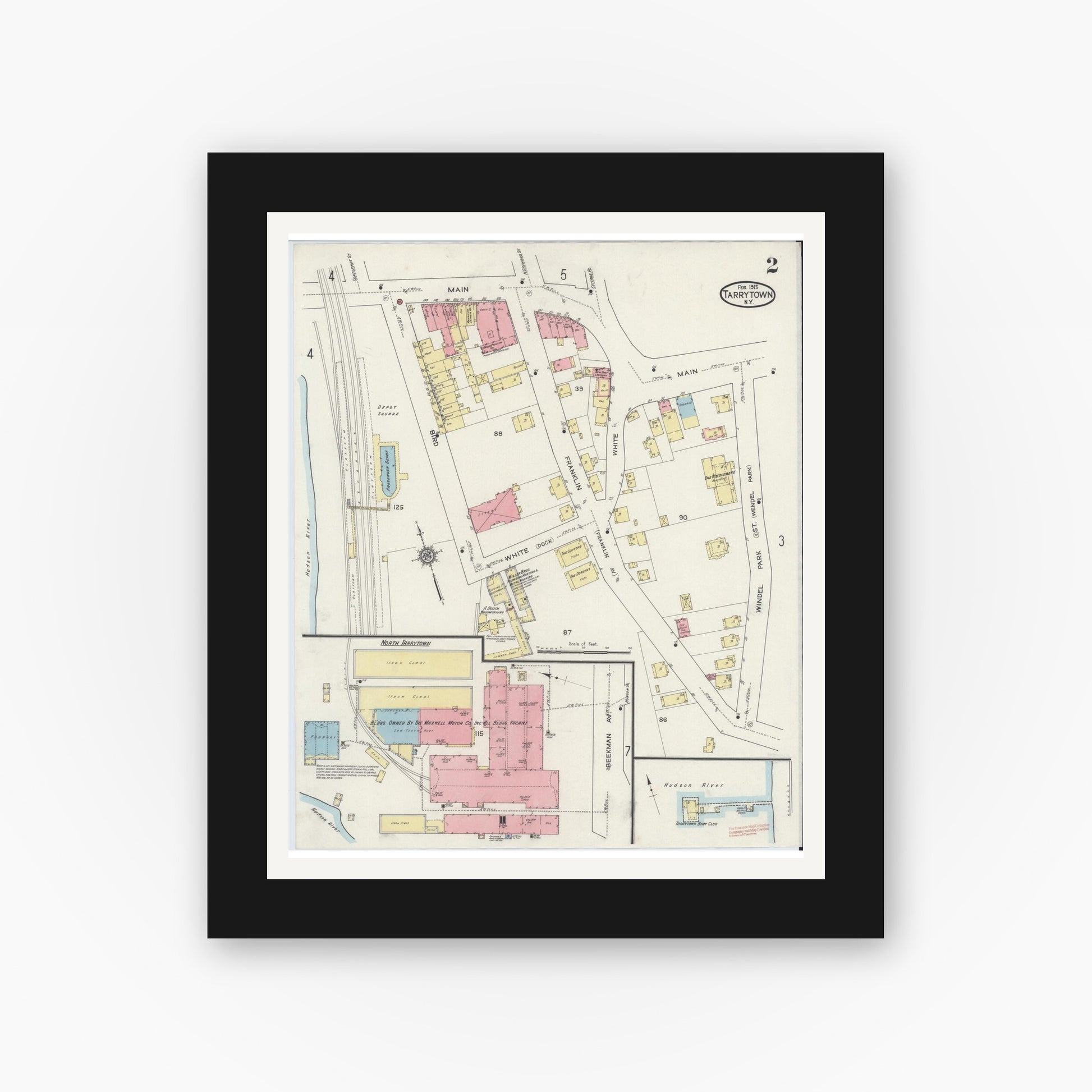 Old map wall art mockup — black gallery frame with white mat — Sanborn Fire Insurance Map from Tarrytown, Westchester County, New York (1915), Sheet #0002