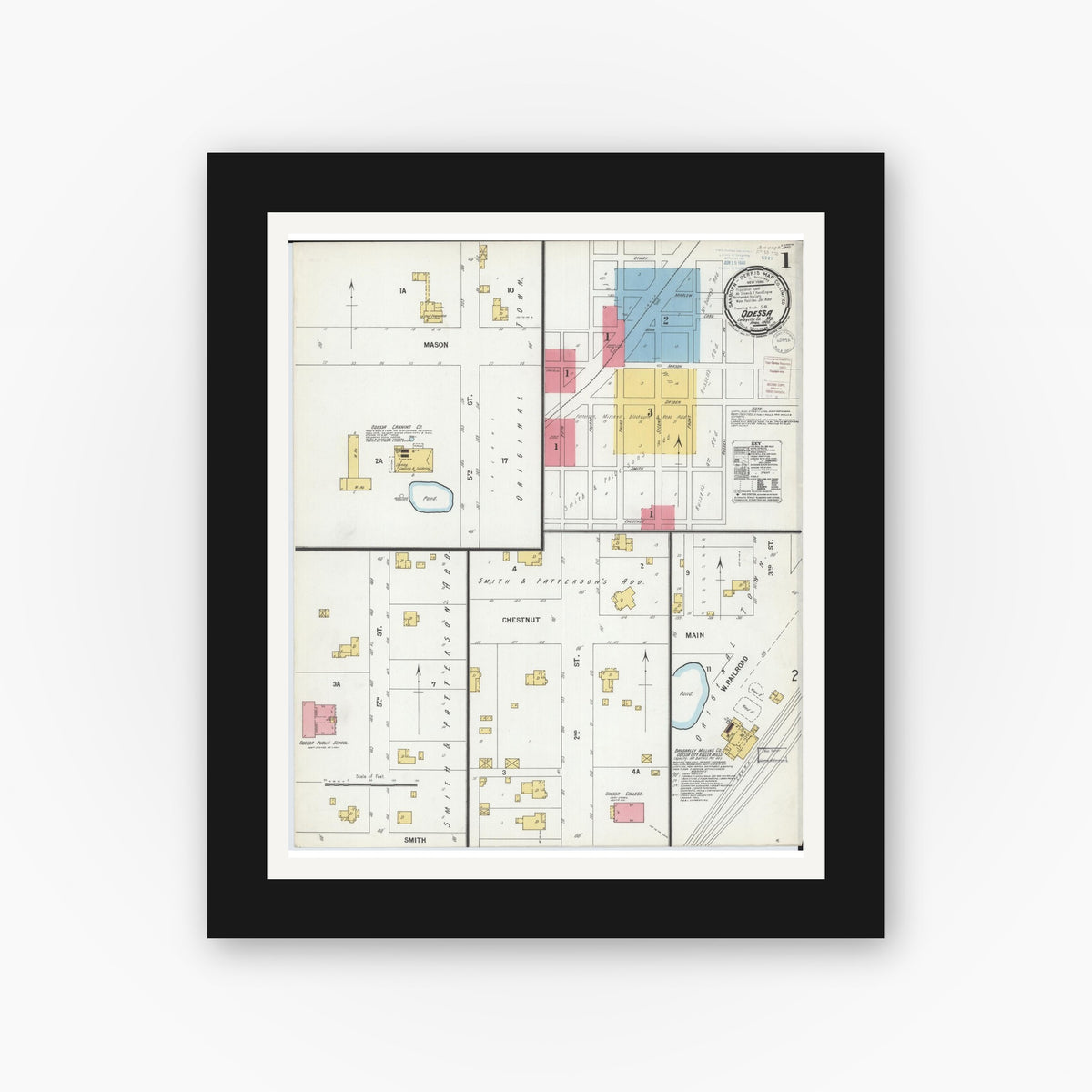 Old map wall art mockup — black gallery frame with white mat — Sanborn Fire Insurance Map from Odessa, Lafayette County, Missouri (1900), Sheet #0001