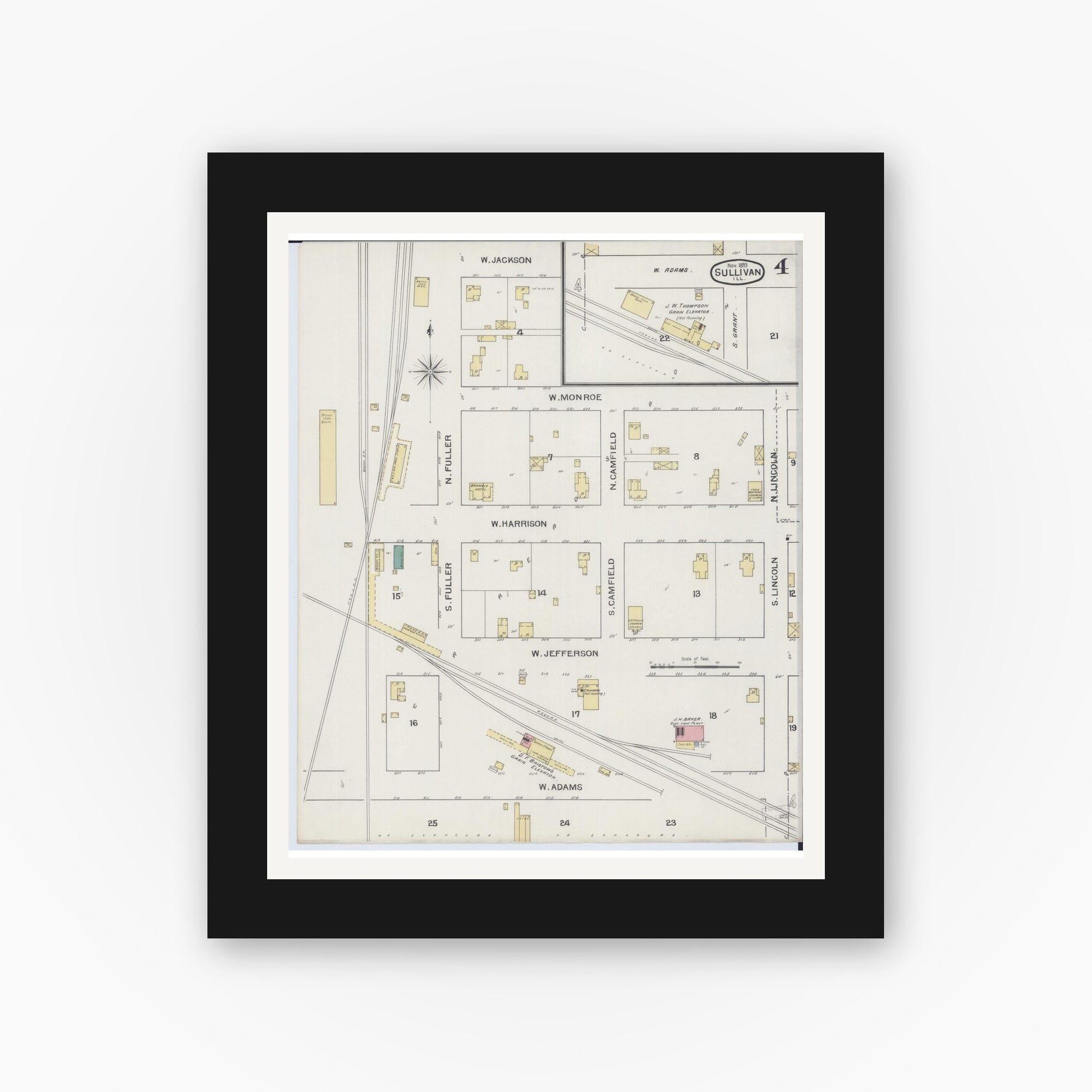 Old map wall art mockup — black gallery frame with white mat — Sanborn Fire Insurance Map from Sullivan, Moultrie County, Illinois (1893), Sheet #0004