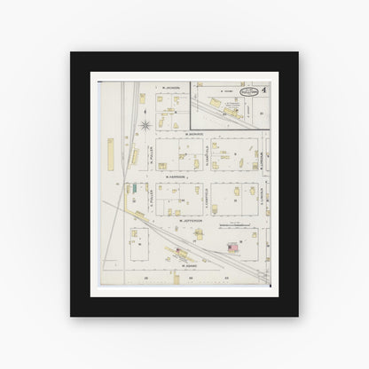Old map wall art mockup — black gallery frame with white mat — Sanborn Fire Insurance Map from Sullivan, Moultrie County, Illinois (1893), Sheet #0004