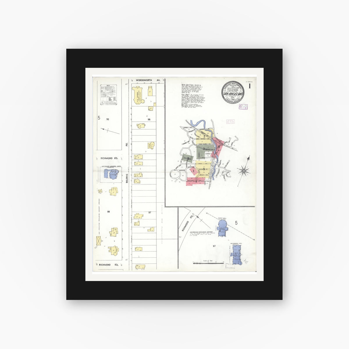 Old map wall art mockup — black gallery frame with white mat — Sanborn Fire Insurance Map from San Anselmo, Marin County, California (1909) - Complete Map Set
