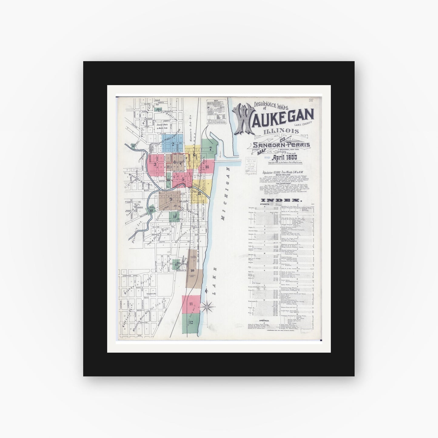 Old map wall art mockup — black gallery frame with white mat — Sanborn Fire Insurance Map from Waukegan, Lake County, Illinois (1900) - Complete Map Set