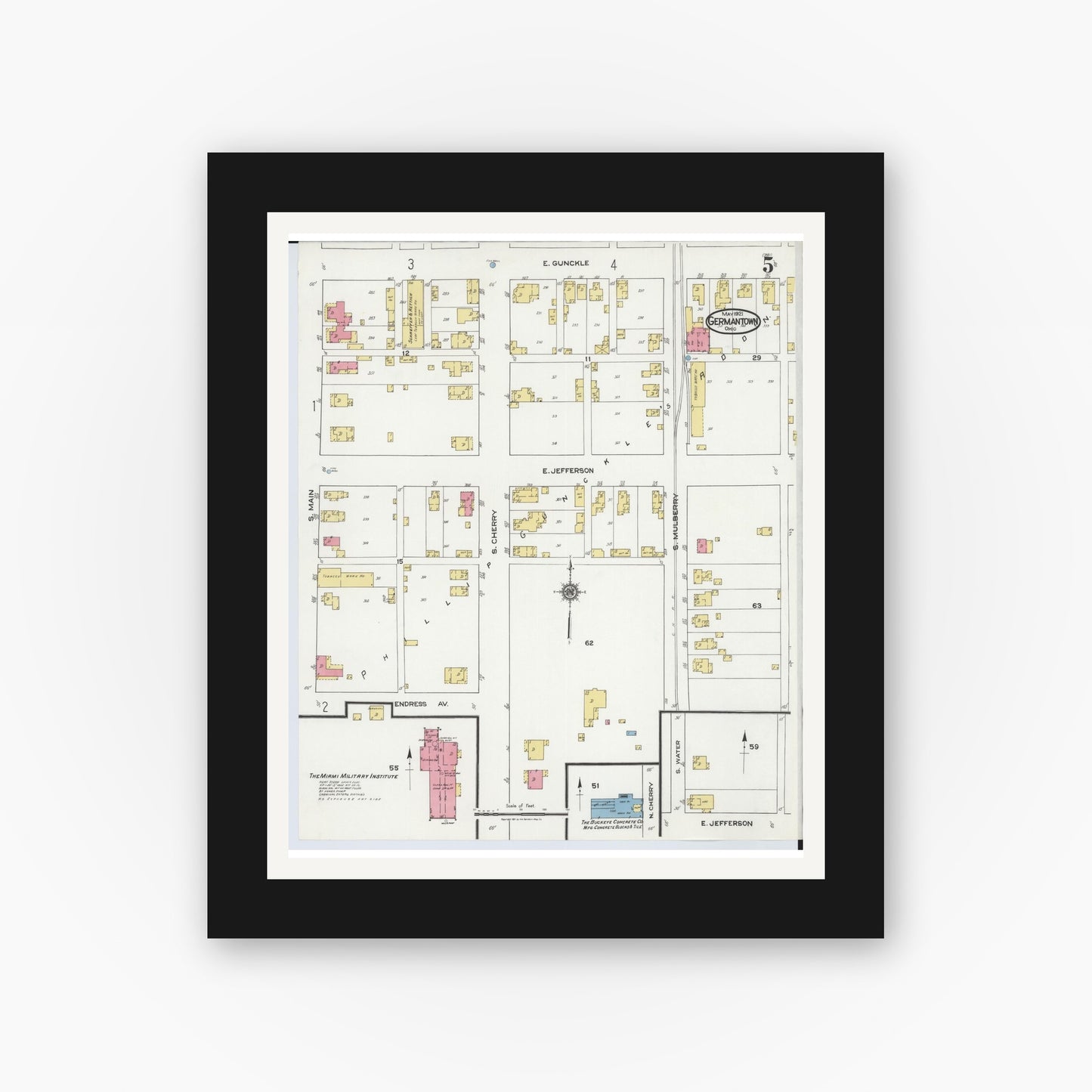 Old map wall art mockup — black gallery frame with white mat — Sanborn Fire Insurance Map from Germantown, Montgomery County, Ohio (1921), Sheet #0005
