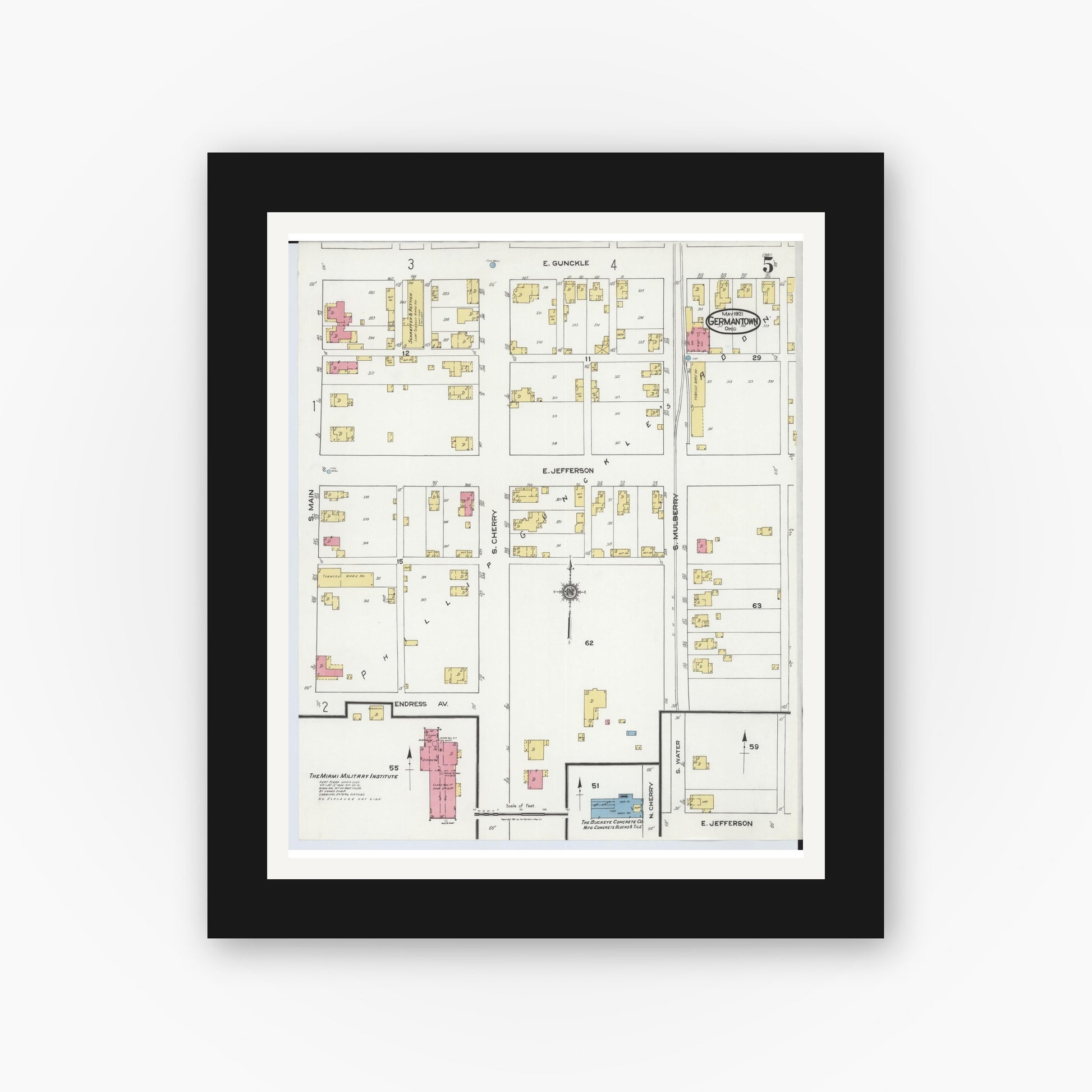 Old map wall art mockup — black gallery frame with white mat — Sanborn Fire Insurance Map from Germantown, Montgomery County, Ohio (1921), Sheet #0005