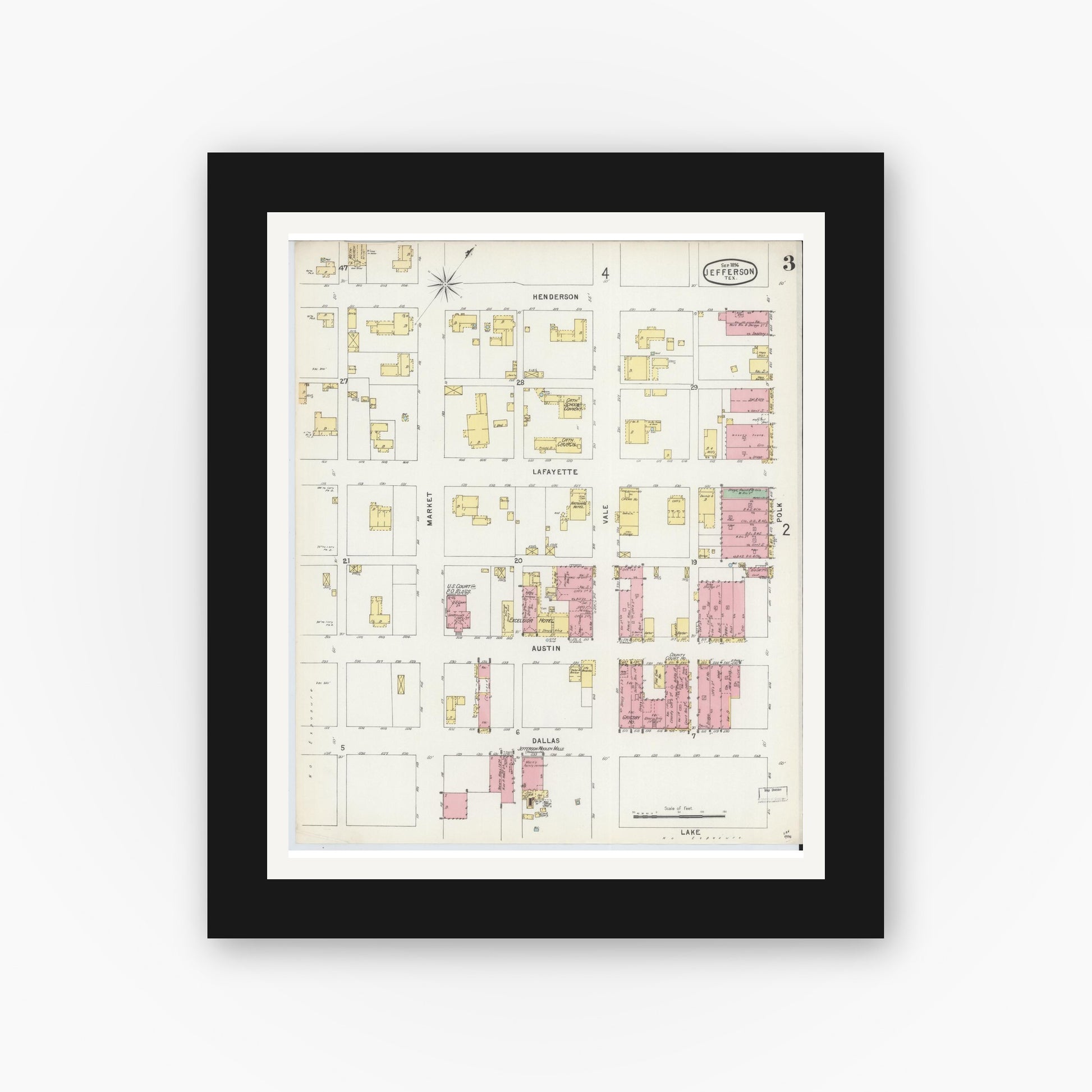 Old map wall art mockup — black gallery frame with white mat — Sanborn Fire Insurance Map from Jefferson, Marion County, Texas (1896), Sheet #0003