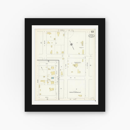 Old map wall art mockup — black gallery frame with white mat — Sanborn Fire Insurance Map from Live Oak, Suwanee County, Florida (1912), Sheet #0013