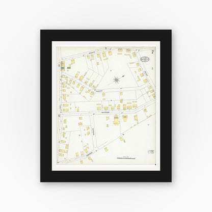 Old map wall art mockup — black gallery frame with white mat — Sanborn Fire Insurance Map from Webster, Worcester County, Massachusetts (1904), Sheet #0007